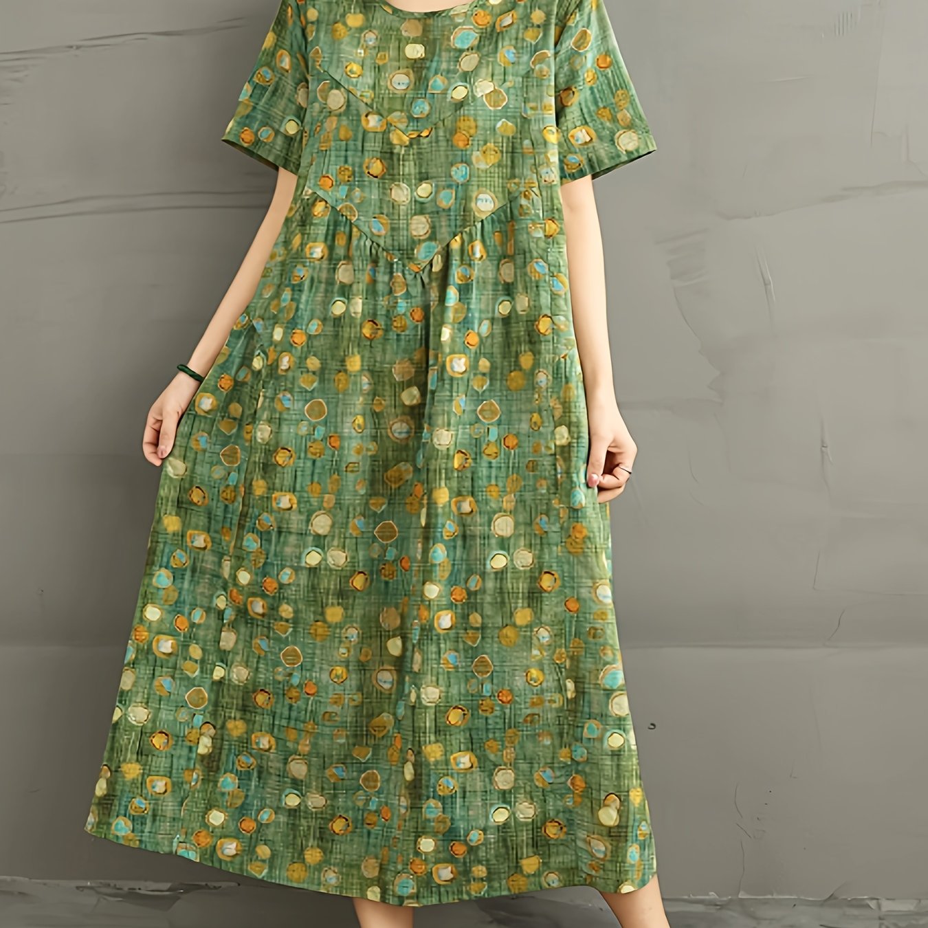 TEMU Spring Summer Floral Round Neck Short Sleeve Dress Women's Loose Contrast A-line Skirt
