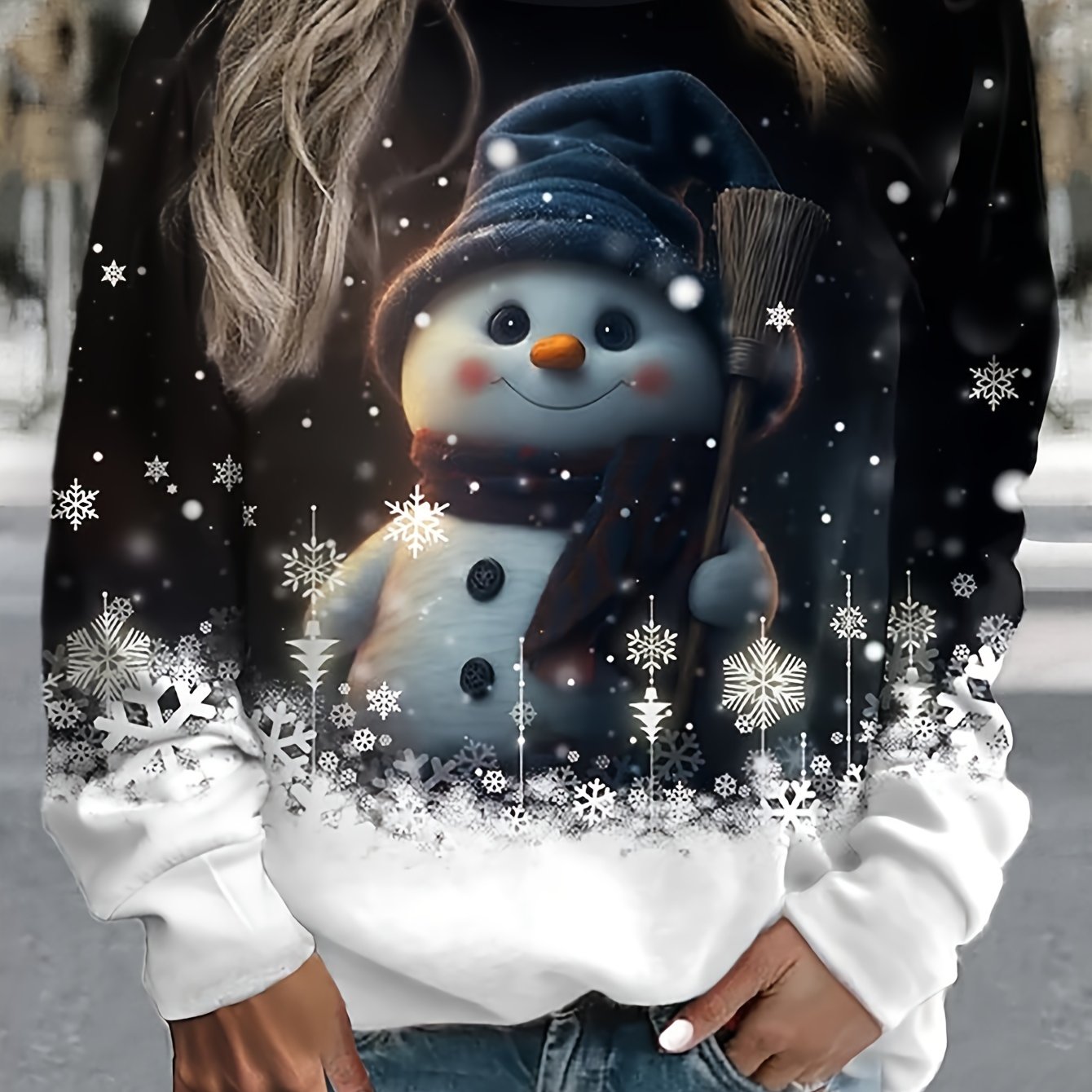 Image of Autumn And Winter Orientation + Christmas Cute Snowman Print Versatile Women's Fashion Sweatshirt Crew Neck