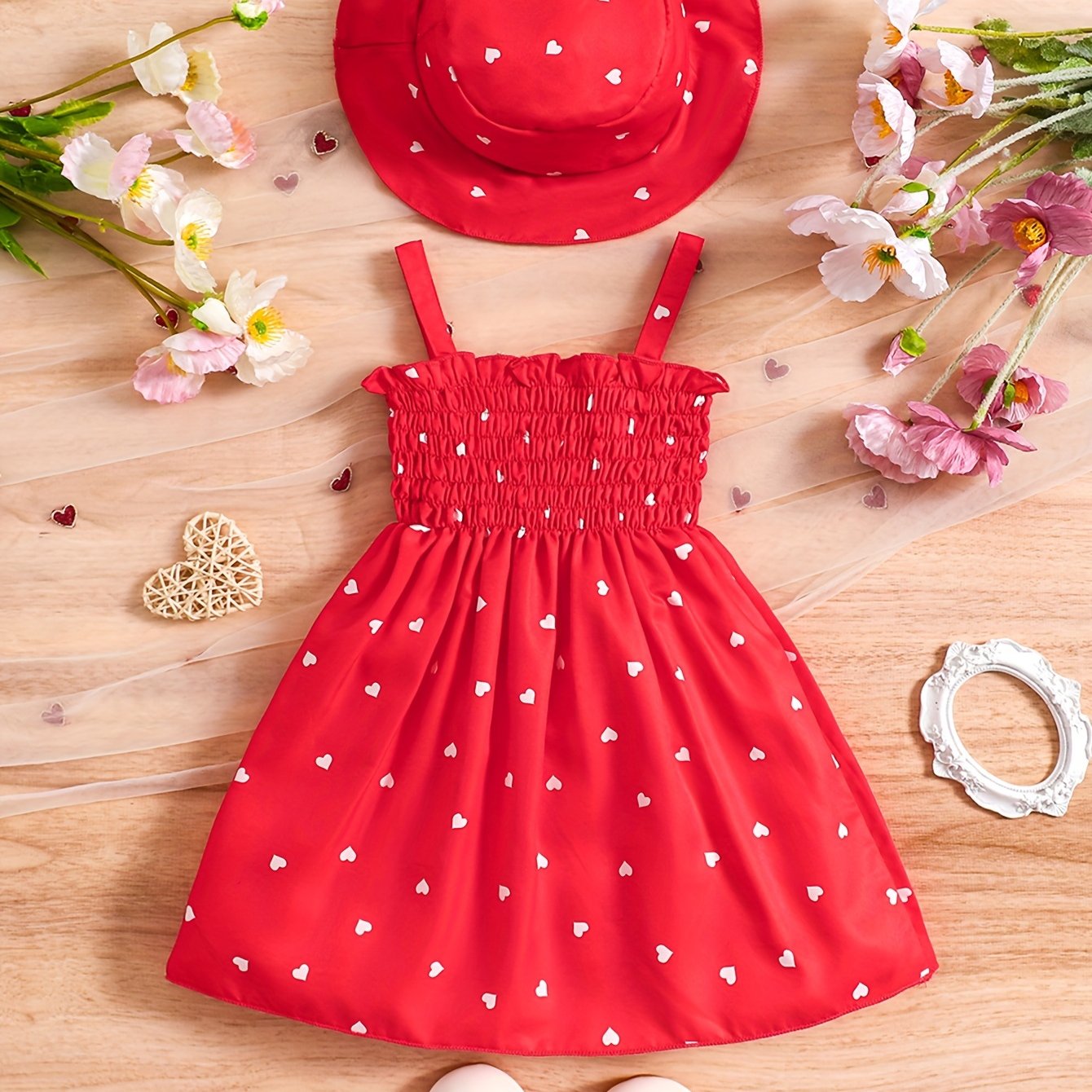 Image of Girls' 0-3 Years Summer 2pcs Set: Sleeveless Heart Print Wrap Camisole Dress + Hat Princess Dress, 2 Colors