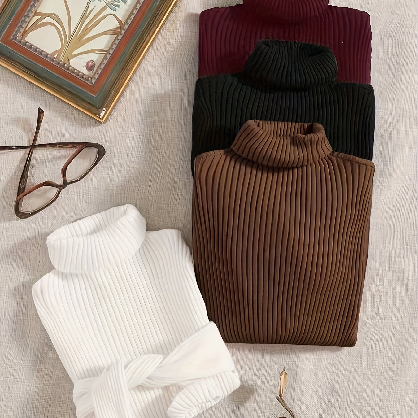 E-shop 4-teiliges Set Damen einfarbiger Rippstrick-Pullover mit hohem Stehkragen langen Ärmeln, Freizeit, Herbst/Herbst-Winter, Weihnachtsrot,