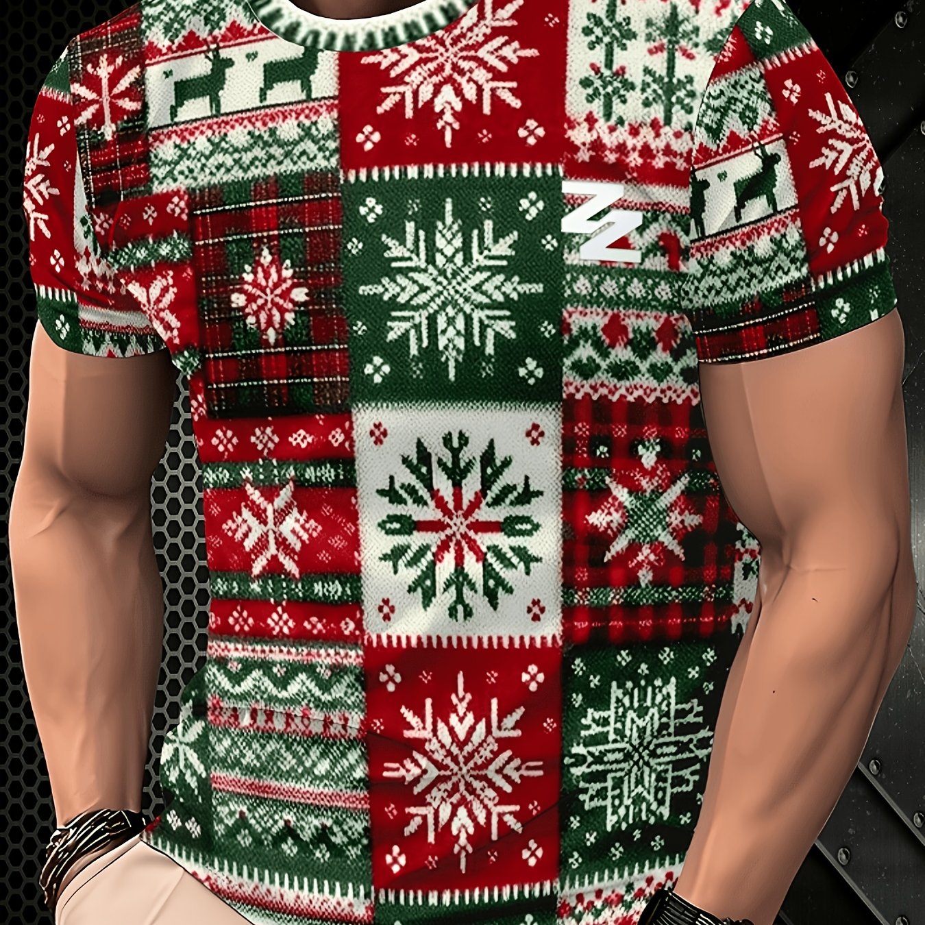 TEMU Christmas - Print Atmosphere - Men's T-shirt - Polyester Fiber, Breathable, Crew Neck, Short Sleeve, Street Hip-hop Style, Summer European And