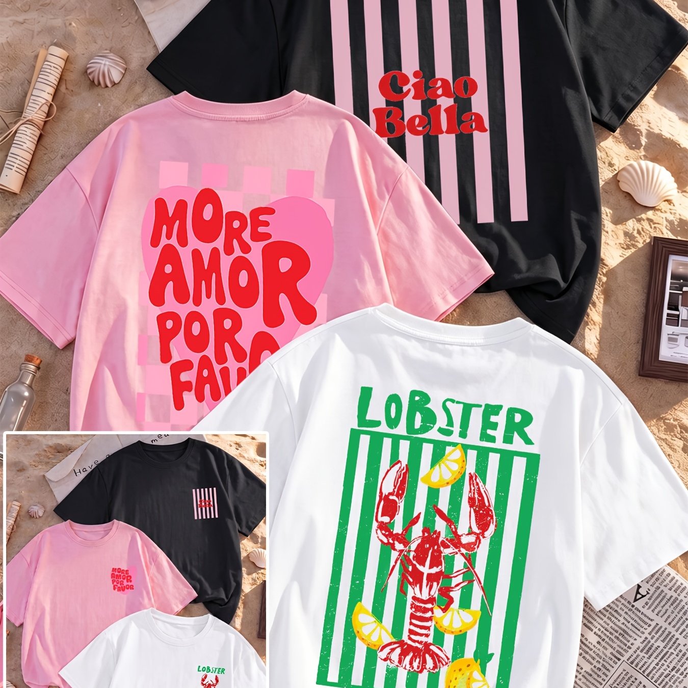 TEMU 3pcs Women's Style Loose Printed Short Sleeve T-shirt Set, Retro Striped Lobster Lemon, Bella Lettering, Heart Checkered Statement Print Round
