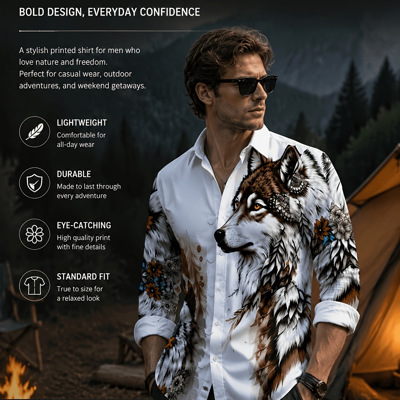 Men's Plus Size Long Sleeve Shirt, Trendy Wolf Head And Flower Top, Loose Casual Lapel Single-row Button Shirt, Fashionable And Personalized Animal Pattern Shirt, European Style