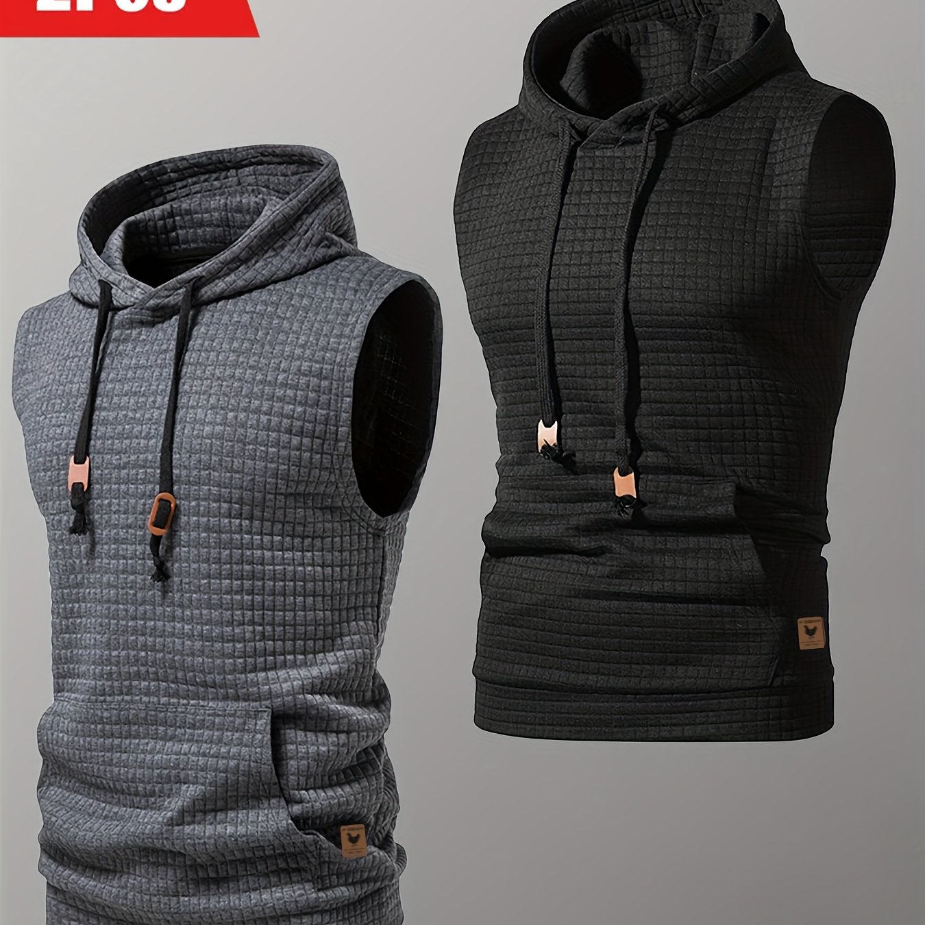 TEMU 2pcs Men's Casual Sleeveless Hooded Jacquard Tank Top With Drawstring And Kangaroo Pocket For Outdoor Running Jogging Training
