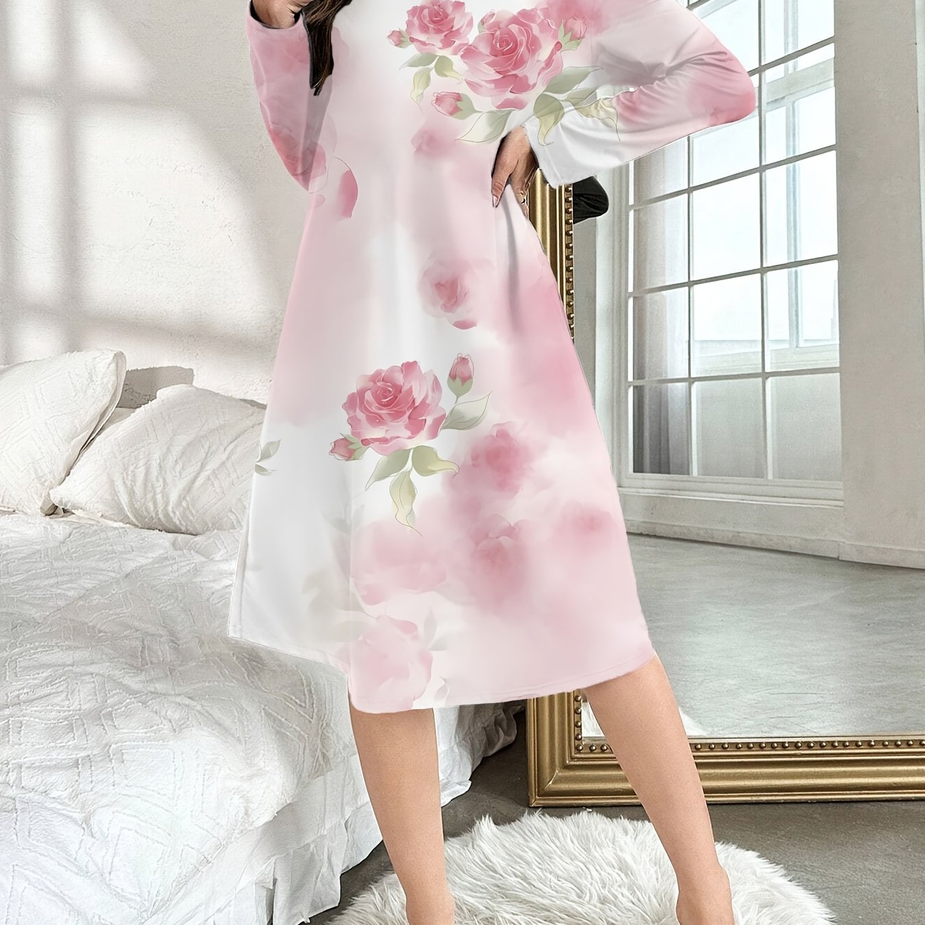 Image of Women's Rose Dress, Long Sleeve Round Neck T-shirt Dress, Comfortable For Autumn And Winter