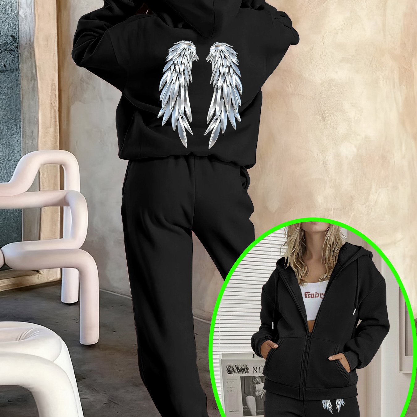 TEMU Ensemble pièces à imprimé , sweat à capuche et pantalon, vêtements pour femmes
