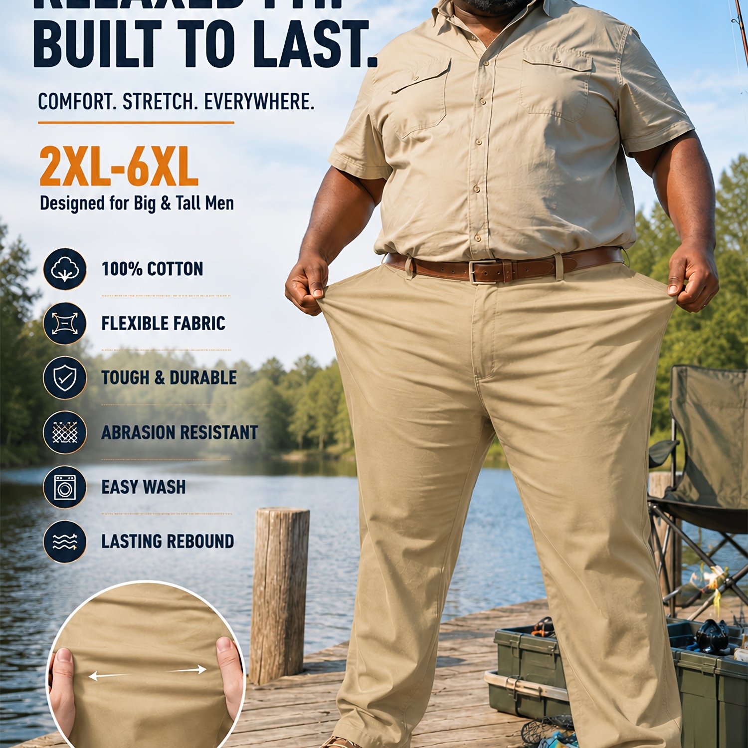 2pcs Plus Size Men's Stretch Cotton Dress Pants, Classic Straight Fit Trousers, Outdoor Golf Casual Pants, Ideal For Daily , Dating, Fishing, Fit 2xl-6xl Big & Tall Men, Plus Size
