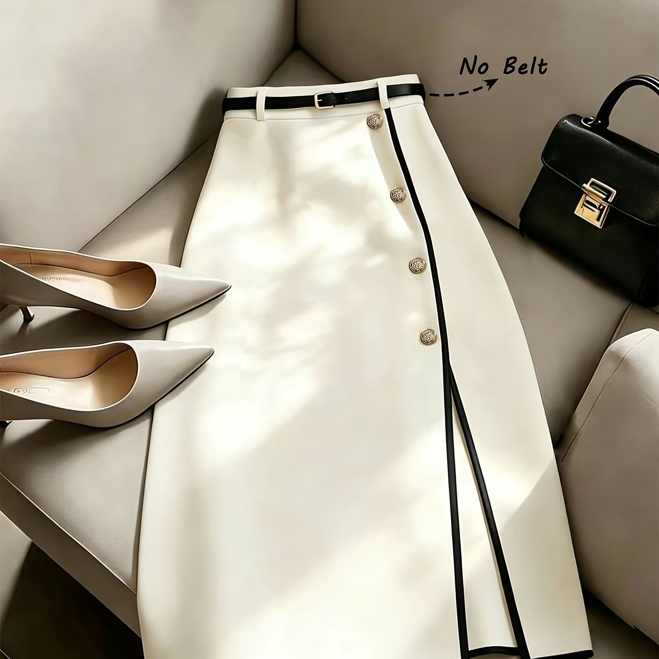 TEMU Beige And Black Piped Slit Hem Skirt, Elegant Women's Casual Commuter Skirt For Spring, Summer, And Autumn. A Stylish, Elegant, And