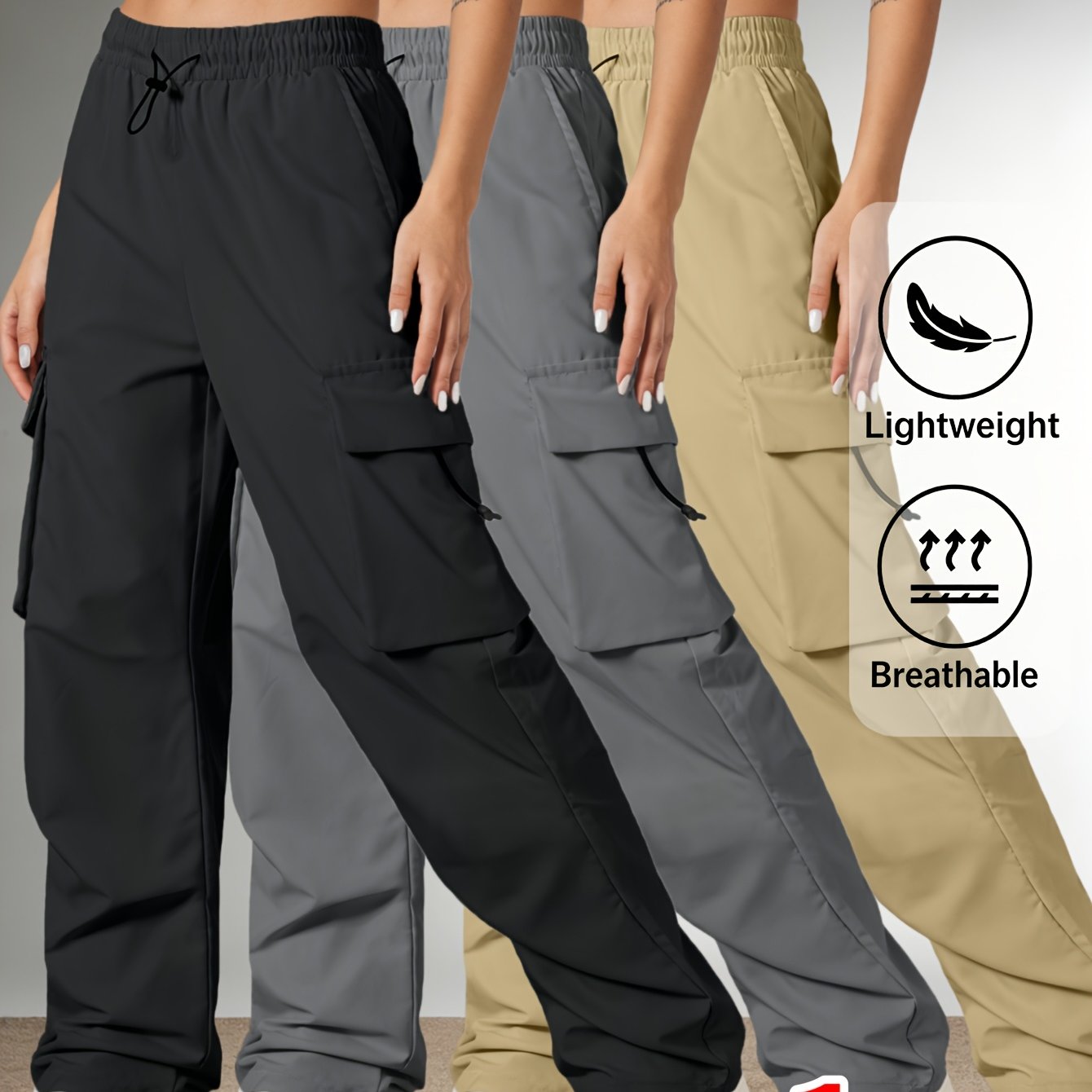 TEMU Women's Casual Cargo Pants, Elastic High Waist Drawstring Loose Wide Leg Trousers, Multi-pocket Utility Pants, Lightweight Quick Dry, Streetwear