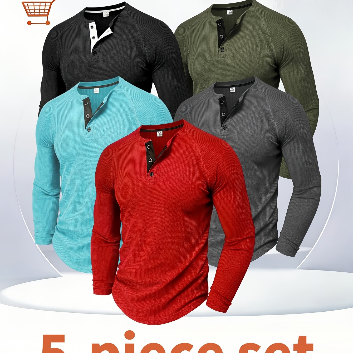 TEMU 5 Casual Solid Color Henry Shirts For Men, Featuring A Round Neck And Half-button Design, Perfect For . Ideal For Outdoor Activities During