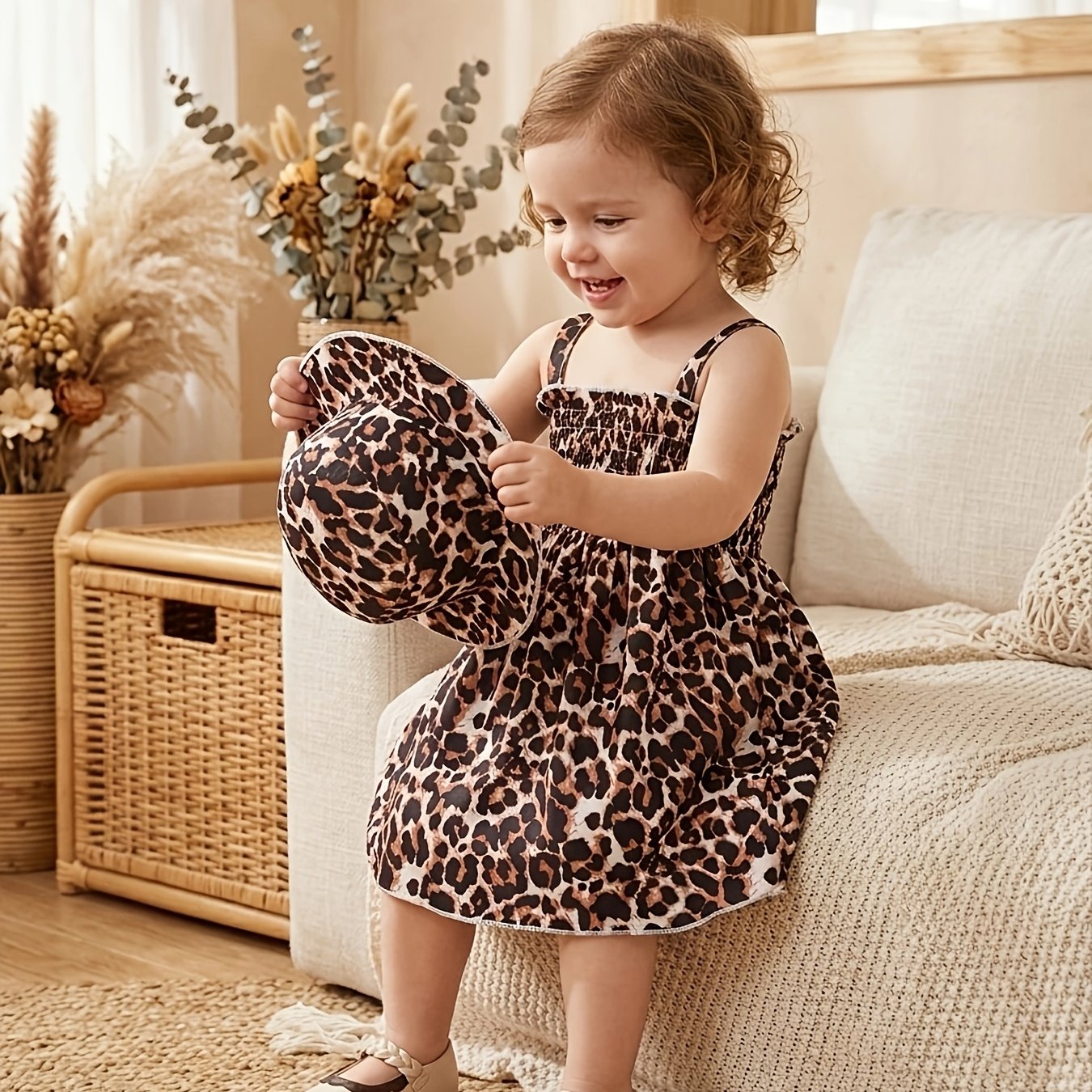 Image of 0-3 Years Old Trendy Leopard Print Dress And Matching Hat, Outdoor Casual Vacation Princess Dress Outfit