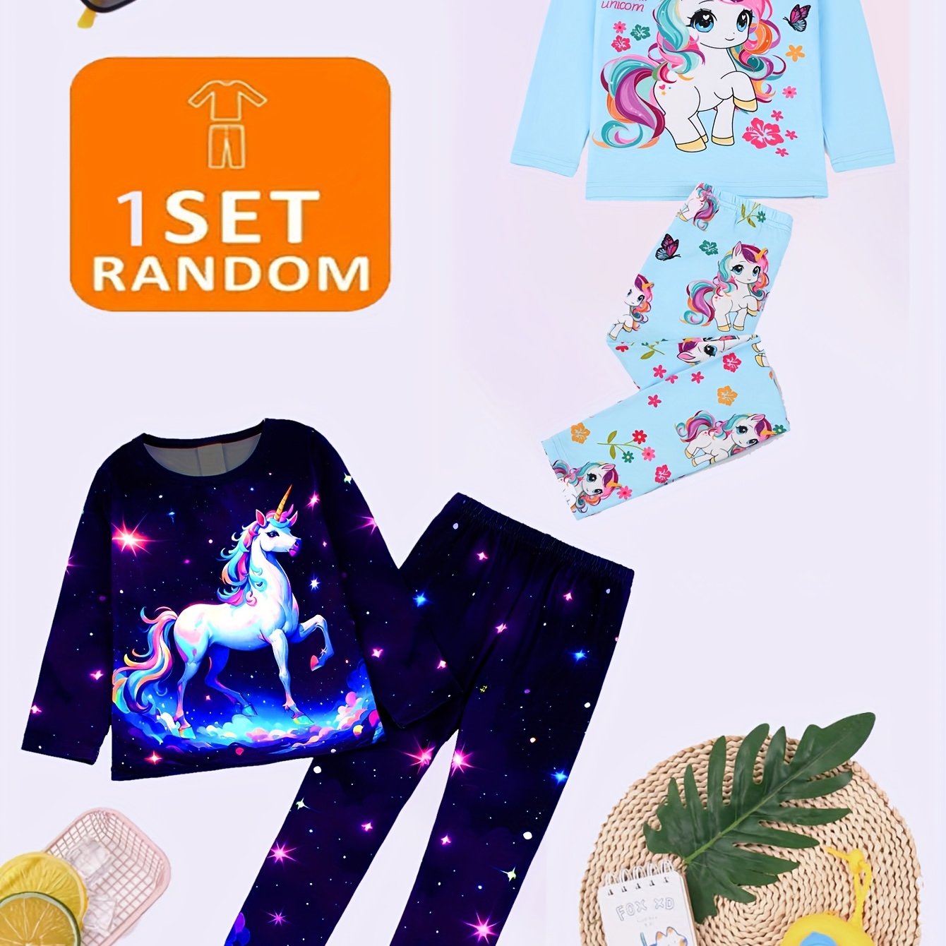 Image of Random 1 Set Girls' Pajama Set, Cartoon Unicorn, , White Horse, Stars, , Skin-friendly, Soft, And Comfortable, A Gift For Little Girls In , Girls' Long-sleeve T-shirt And Long Pants Pajama Set