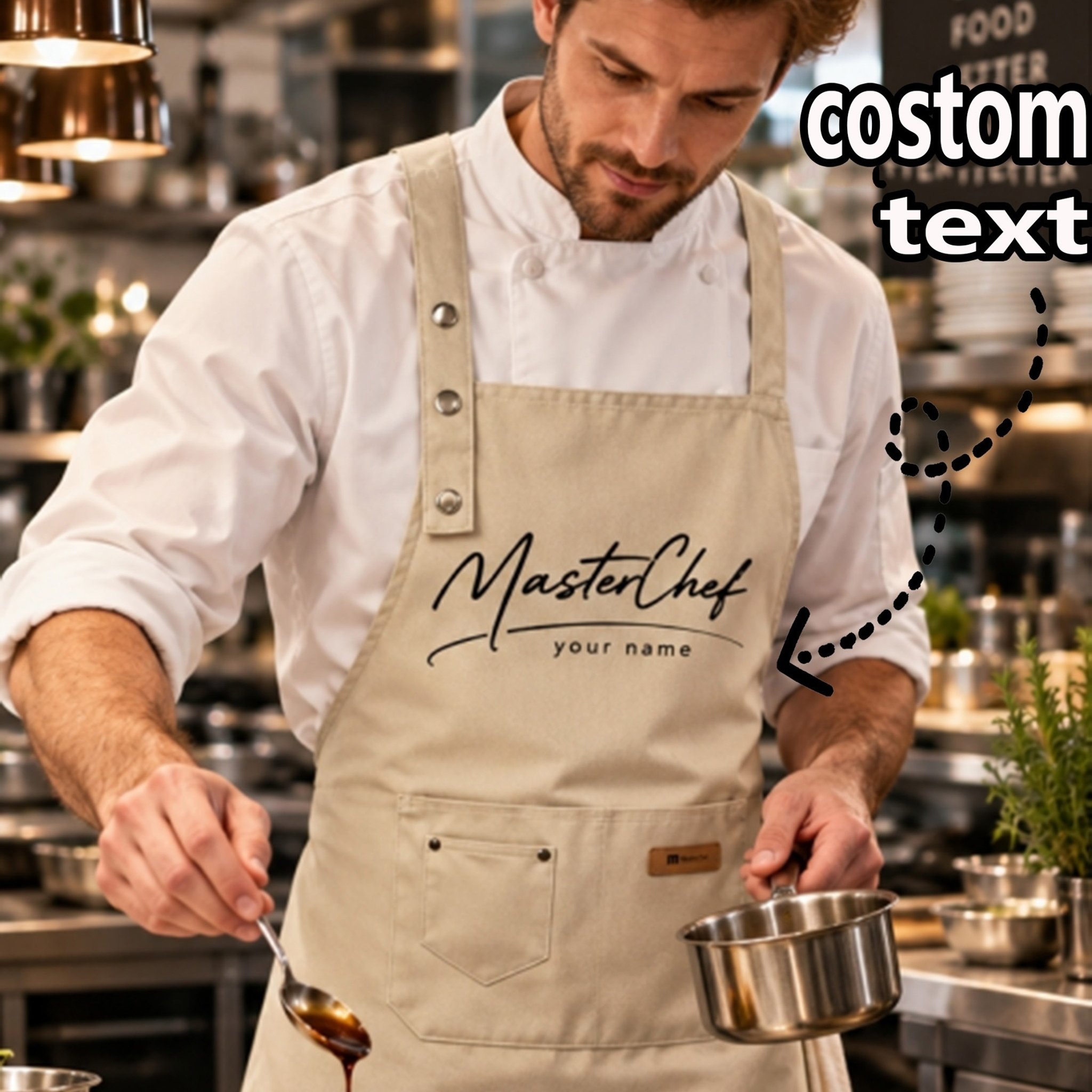 TEMU Customizable Name, Hand-signed Style Chef Letter, Multi-use, Canvas Apron, Unisex, And, Button-adjustable, With Pockets