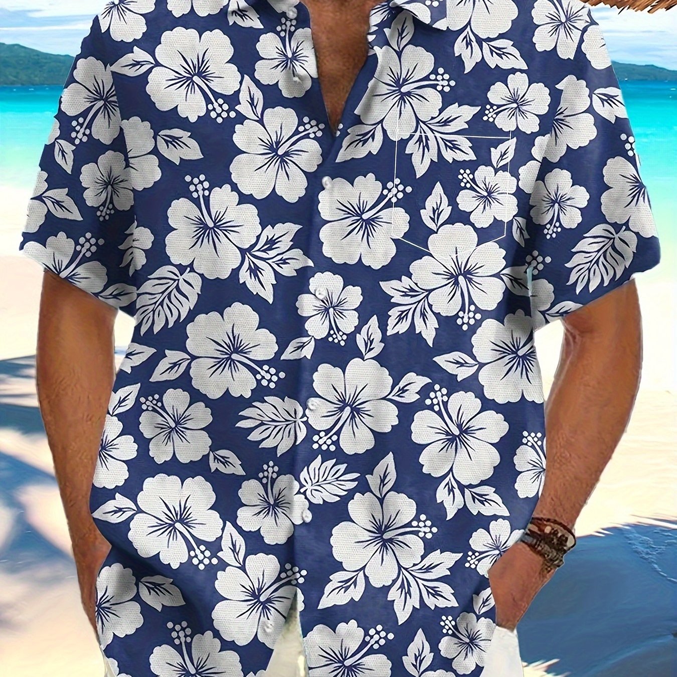 Men's Plus Size Floral Hawaiian Vacation Button Pocket Short Sleeve Shirt, Plus Size