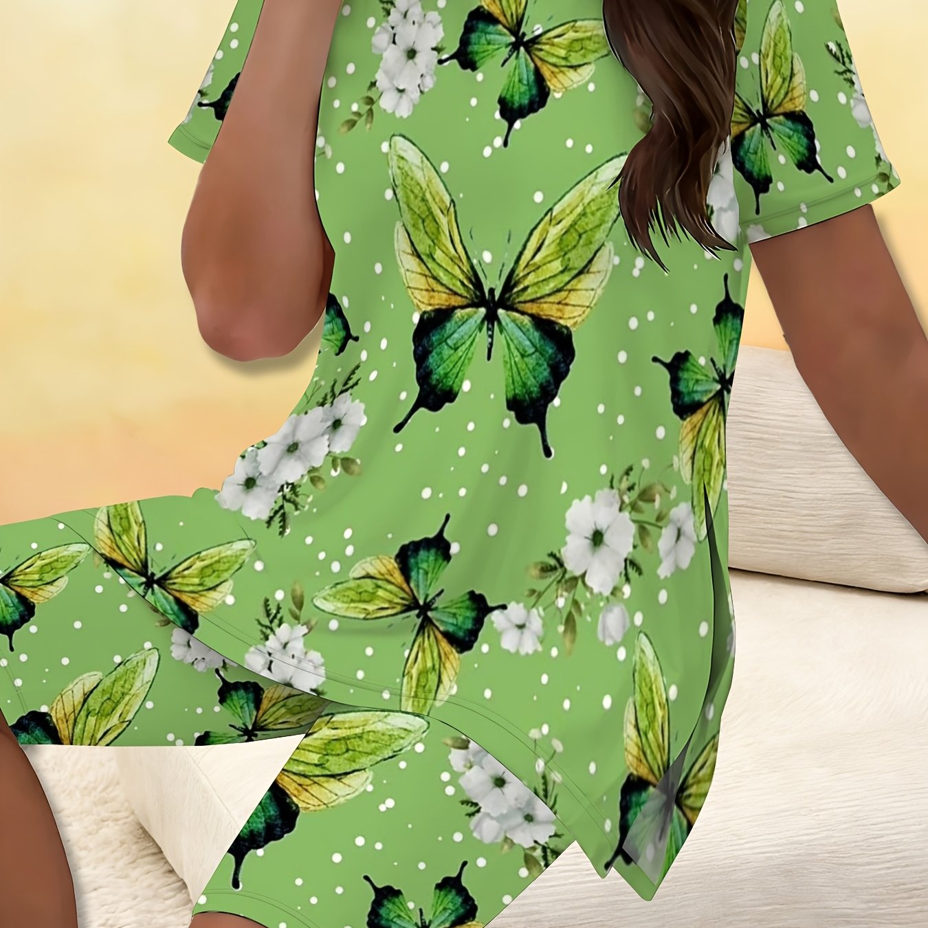 TEMU Base White Flower Short-sleeved Shorts Set, The Side Slit Design Of The Top Is And, Green And Small White Flower Are , The Full, The Loose