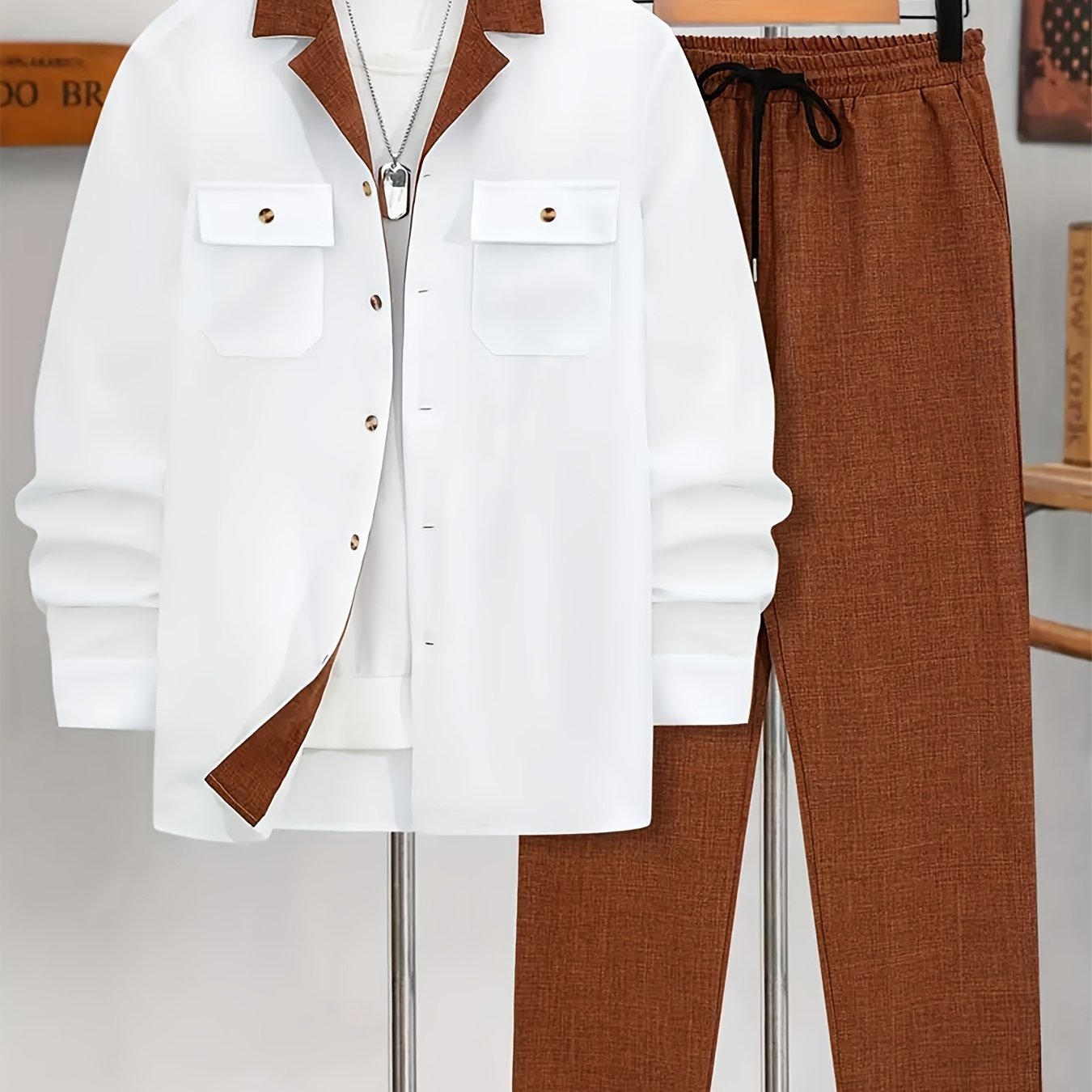 TEMU Autumn New Arrival Men's Color-block Suit Collar Double Flap Pocket Long Sleeve Open Cuff Notched Lapel Stud Button Shirt + Solid Color Trousers