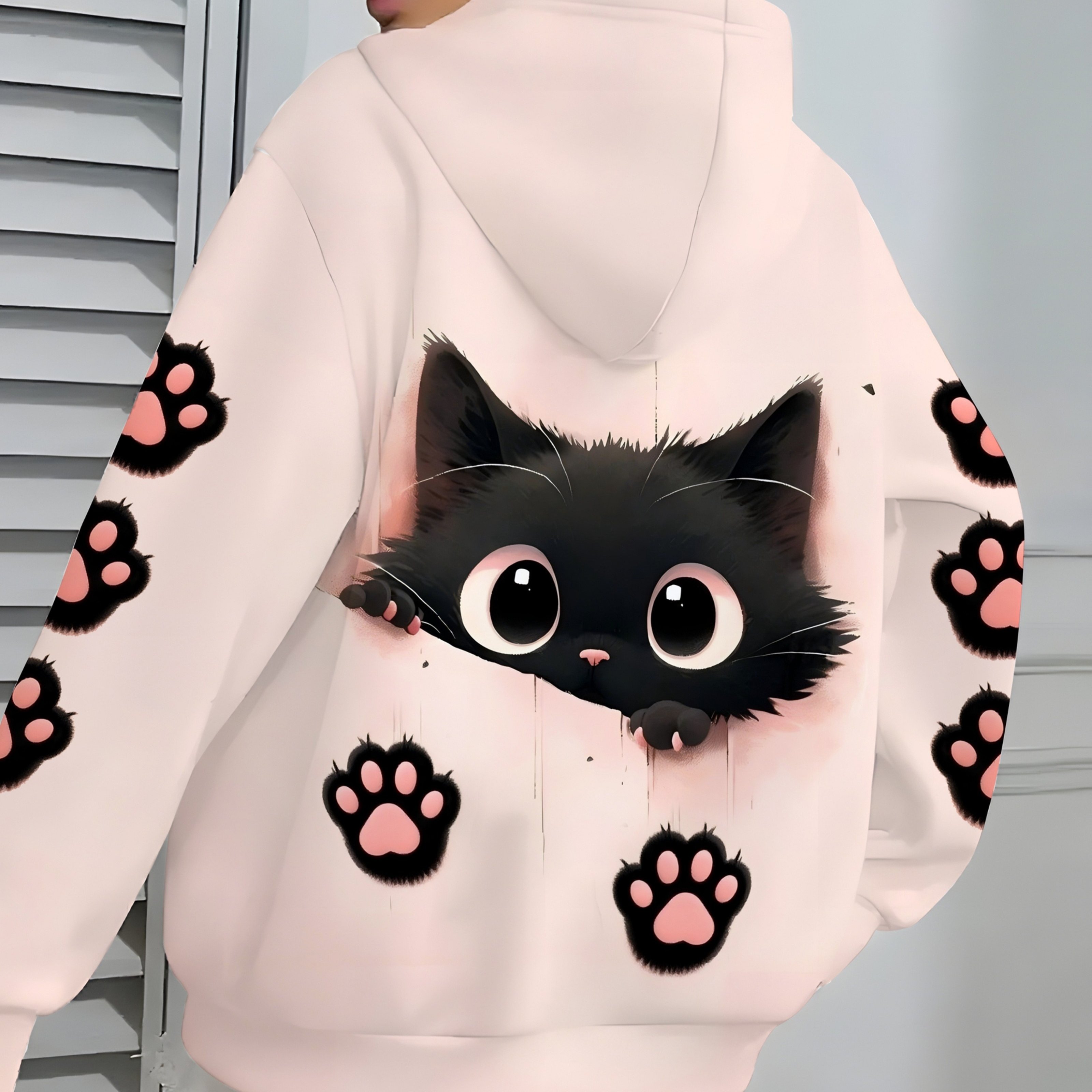 TEMU Plus Size - Plus Size - Plus Size Women's Casual Hooded Sweatshirt With Pockets, Cute Cat Pattern Print, Background, , Plus Size Women's