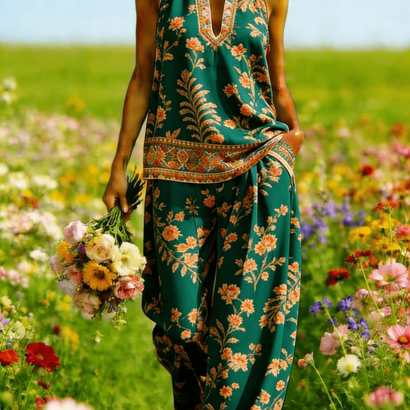 Image of Plus Size - Plus Size - Women's Bohemian Vintage Floral Ethnic Trim Print Halter Deep V Neck Sleeveless Top Matching Wide Leg Harem Pants 2 Piece Set
