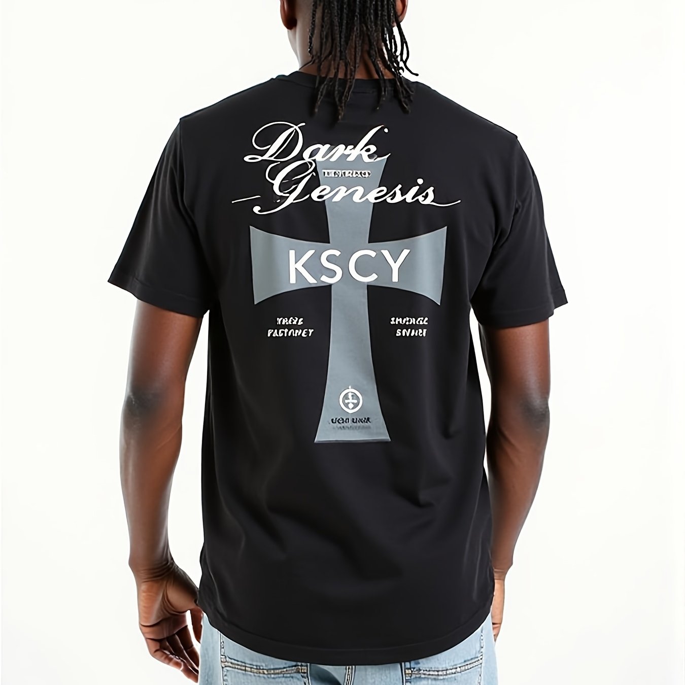 TEMU A Casual Crew Neck Shirt For Men In A Lightweight Fabric, Showcasing A Easy With A Dark Cross Motif And A Font Creation Made From 100% Material,