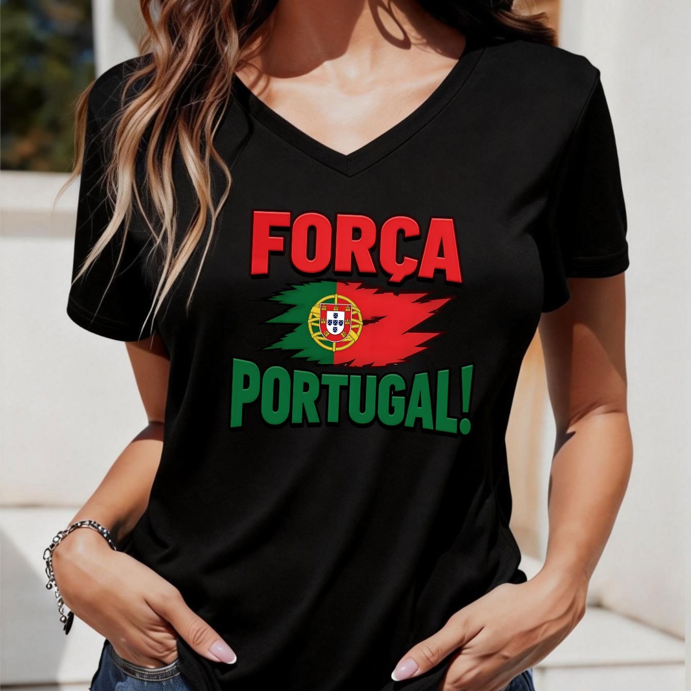 TEMU 1 T-shirt à manches courtes et col en V pour femme avec drapeau portugais et impression " Portugal!" | Décontracté, polyvalent pour les
