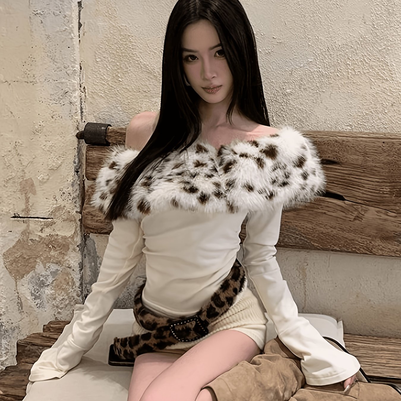 Y2k Faux Fur Collar Off-the-shoulder Long-sleeve T-shirt Teenager's Autumn Niche Design Slim -cinching Shoulder Top, For Teenager, For Teenager