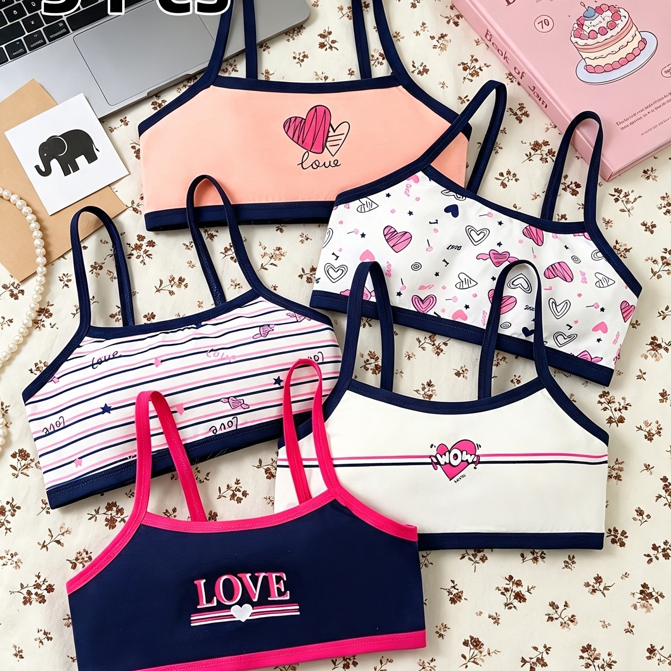 5pcs Set Of Girls' Underwear, Small Tank Tops, Comfortable, Easy And Fashionable, Heart-shaped Print Contrast-colored Camisole Underwear