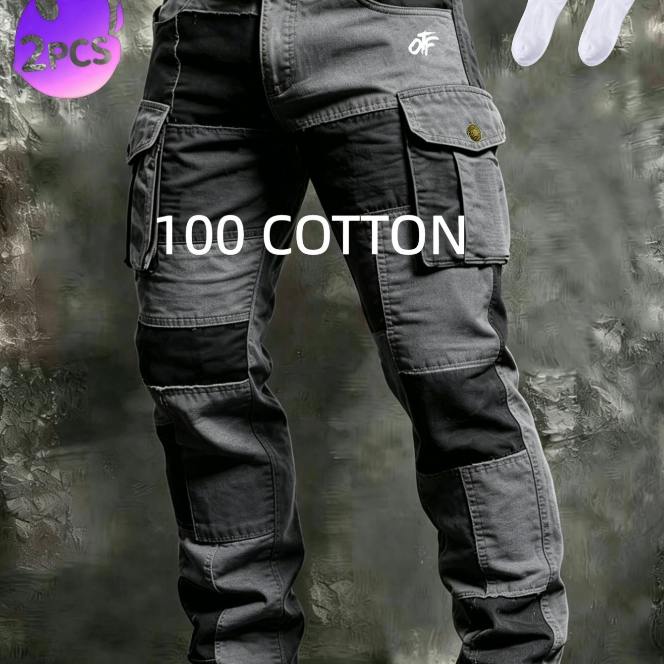 2in 1 Vintage Block Men Cargo Pants 100% Cotton Multi Side Flap Pockets Socks Bundle Pc