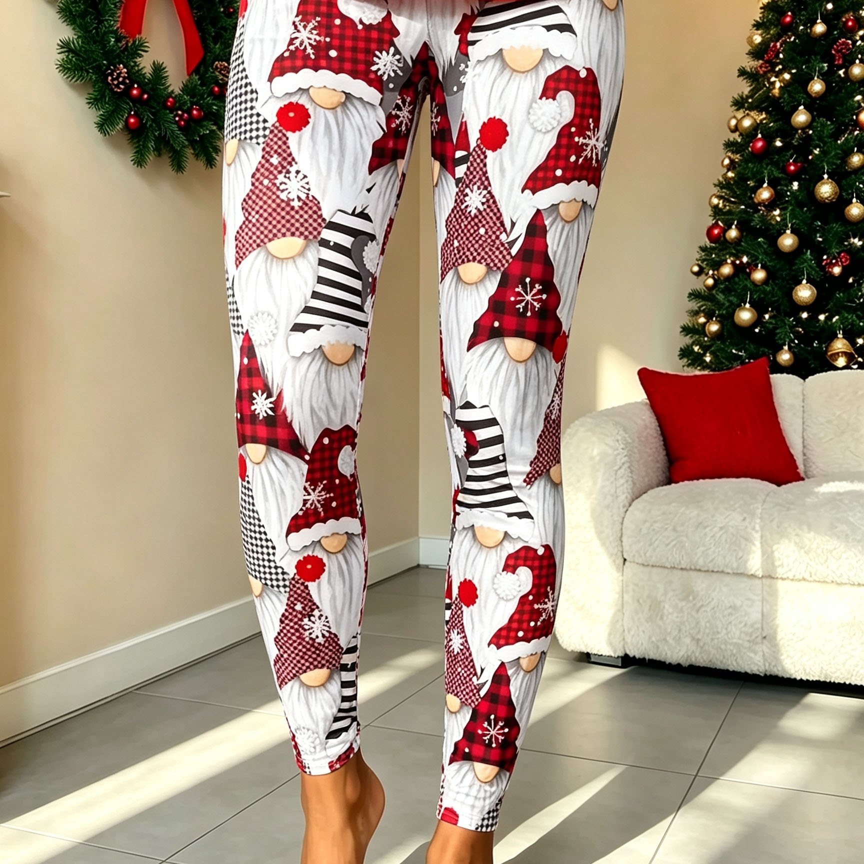 TEMU Plus Size, Plus Size Women's Christmas Hat Snowflake Pattern Print Leggings, Casual Fashionable Soft Stretchy Breathable Slim-fit Tights