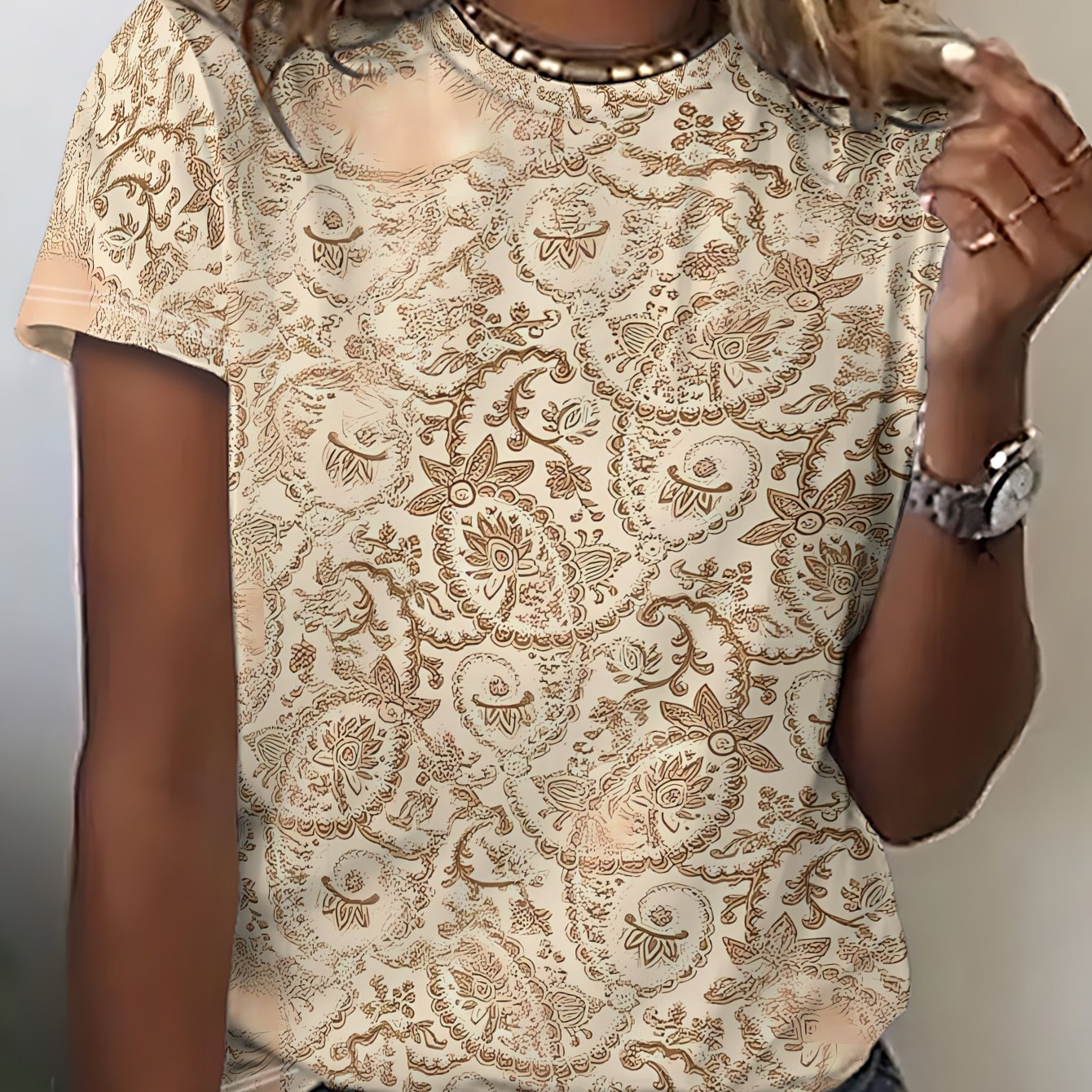 TEMU Women's Paisley Print Short-sleeve T-shirt - Scottish Tartan Blouse-waist Pattern, Breathable Summer Round Neck Casual Top, Machine-washable