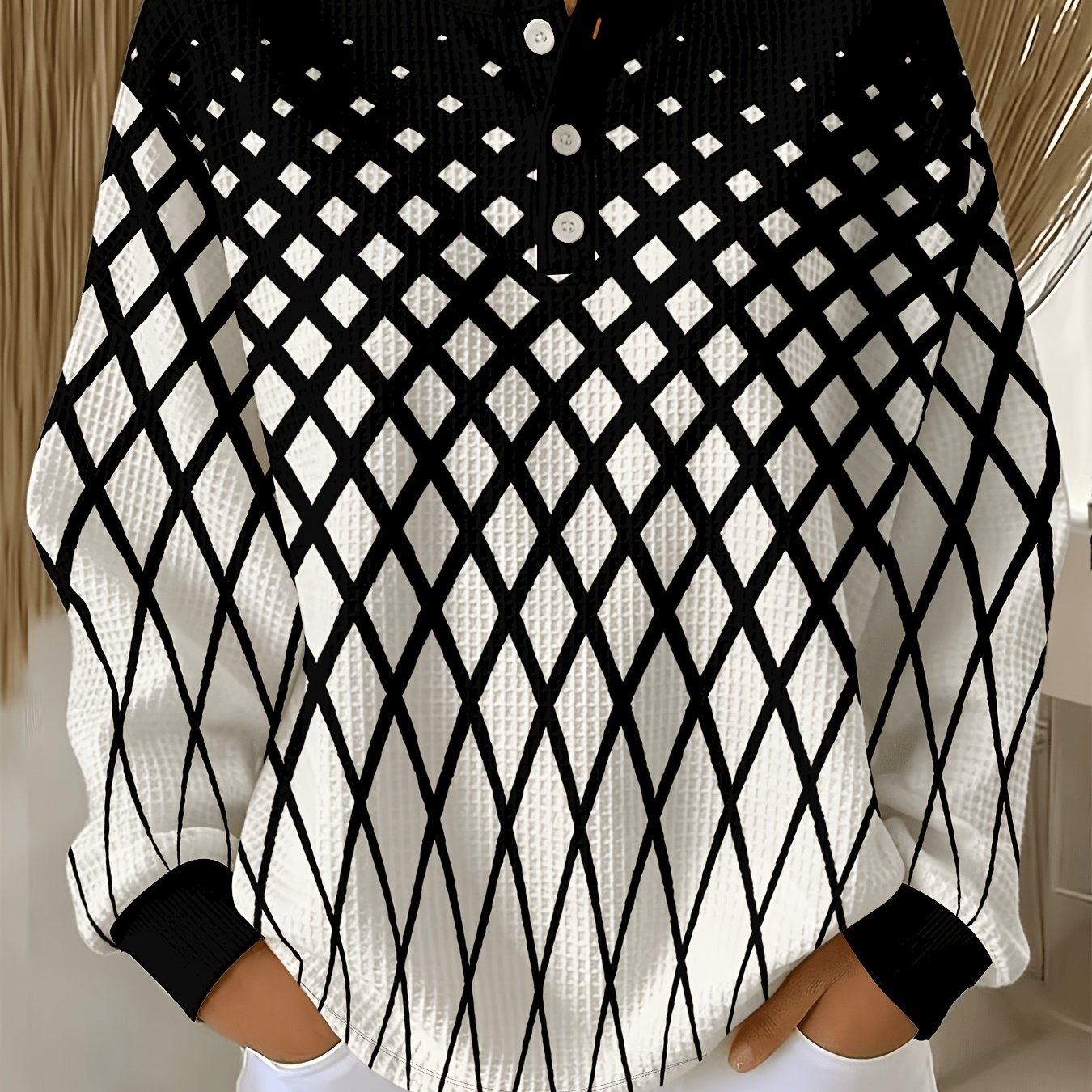 TEMU Plus Size - Women's Plus Size Sweatshirt | Diamond Pattern, Casual Crew Neck, Button Detail, Stretch Fabric For Fall/winter