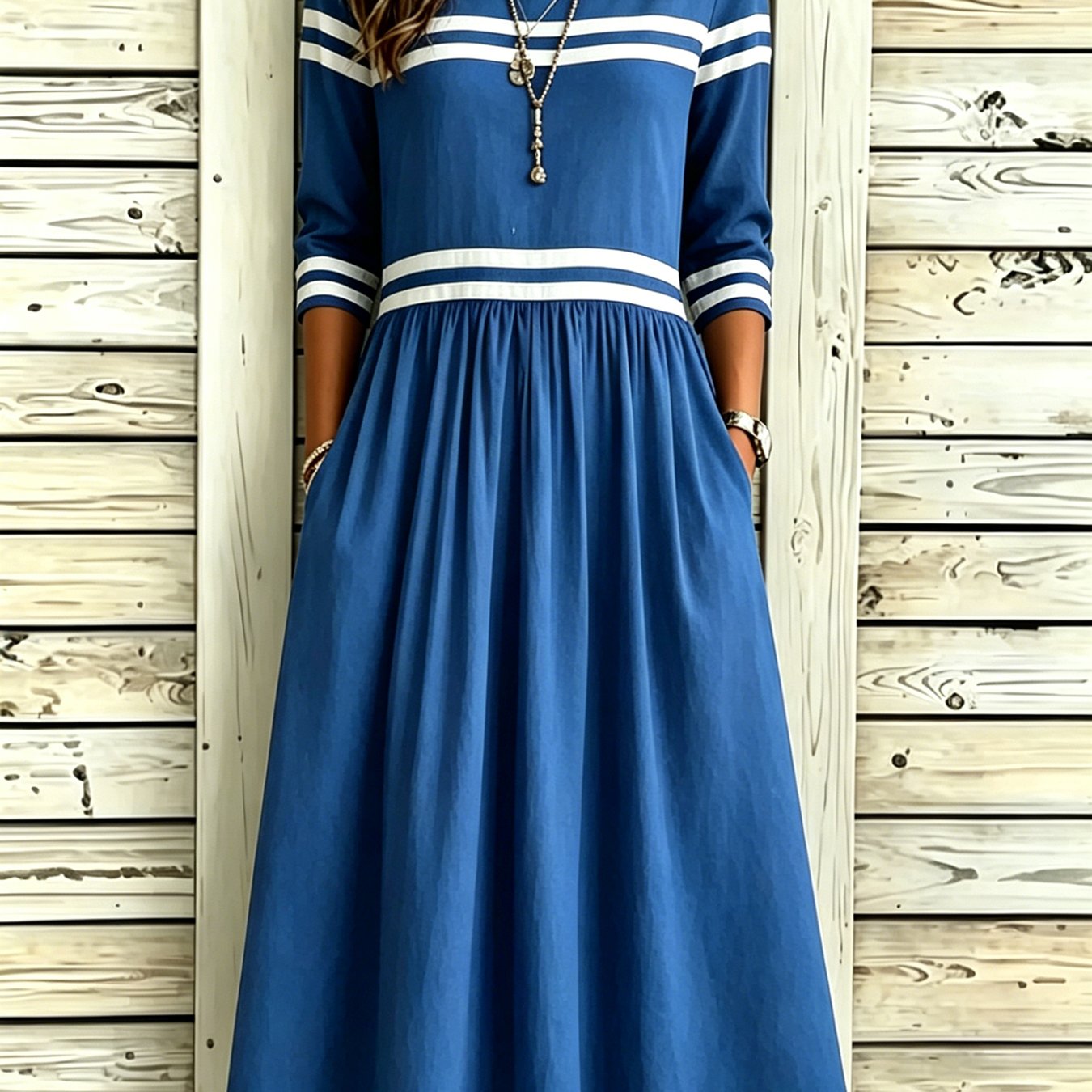 Women's Elegant A-line Midi Dress With Pockets - 3/4 Sleeve Round Neck Striped & Polka Dress Suitable For - Wear, Machine Washable Loose Dress For, Semi-formal, Or Everyday Outfits