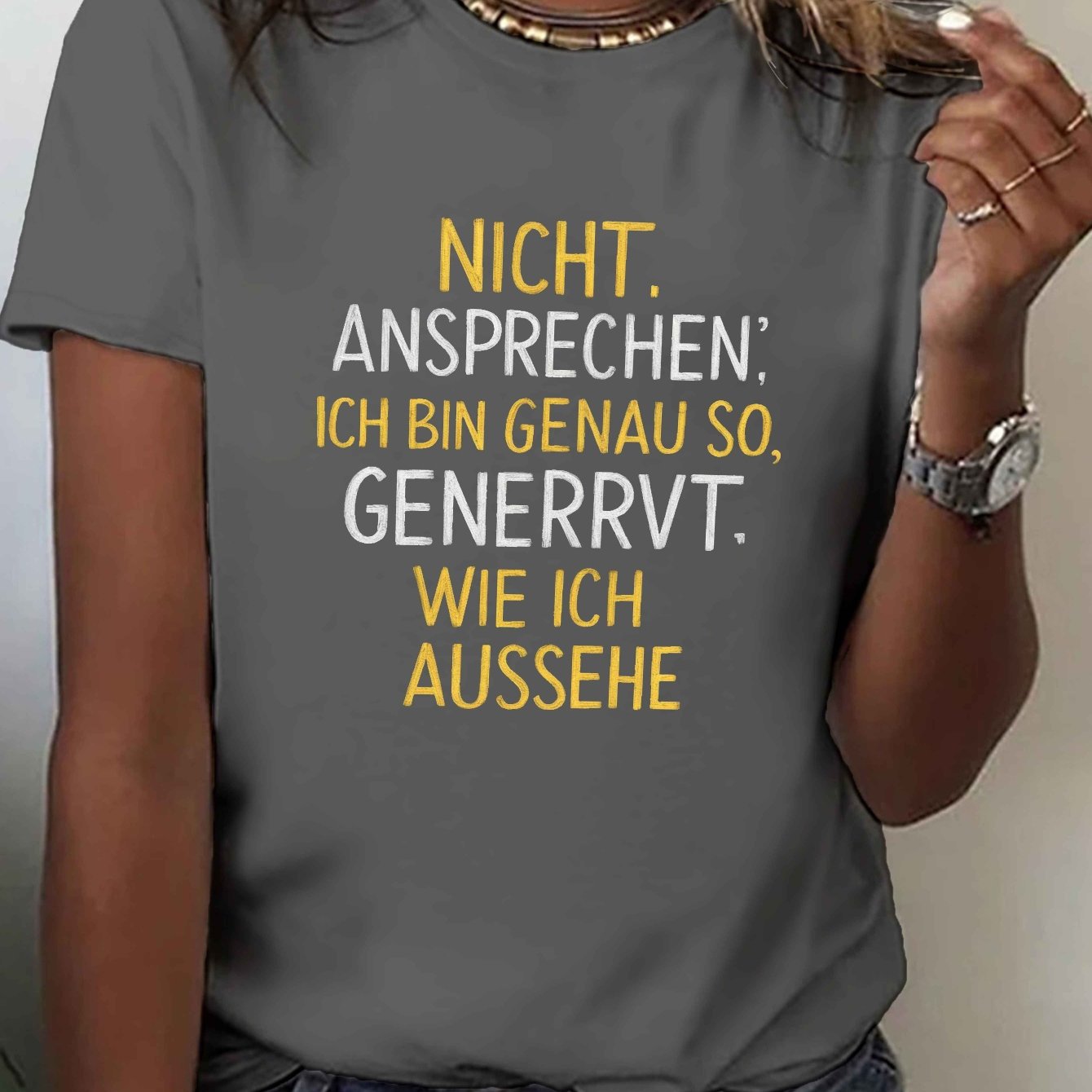 E-shop Nicht Adresse Text in Deutsch Print T-Shirt, Kurzarm Rundhals Casual Top für Sommer & Frühling, Damenbekleidung