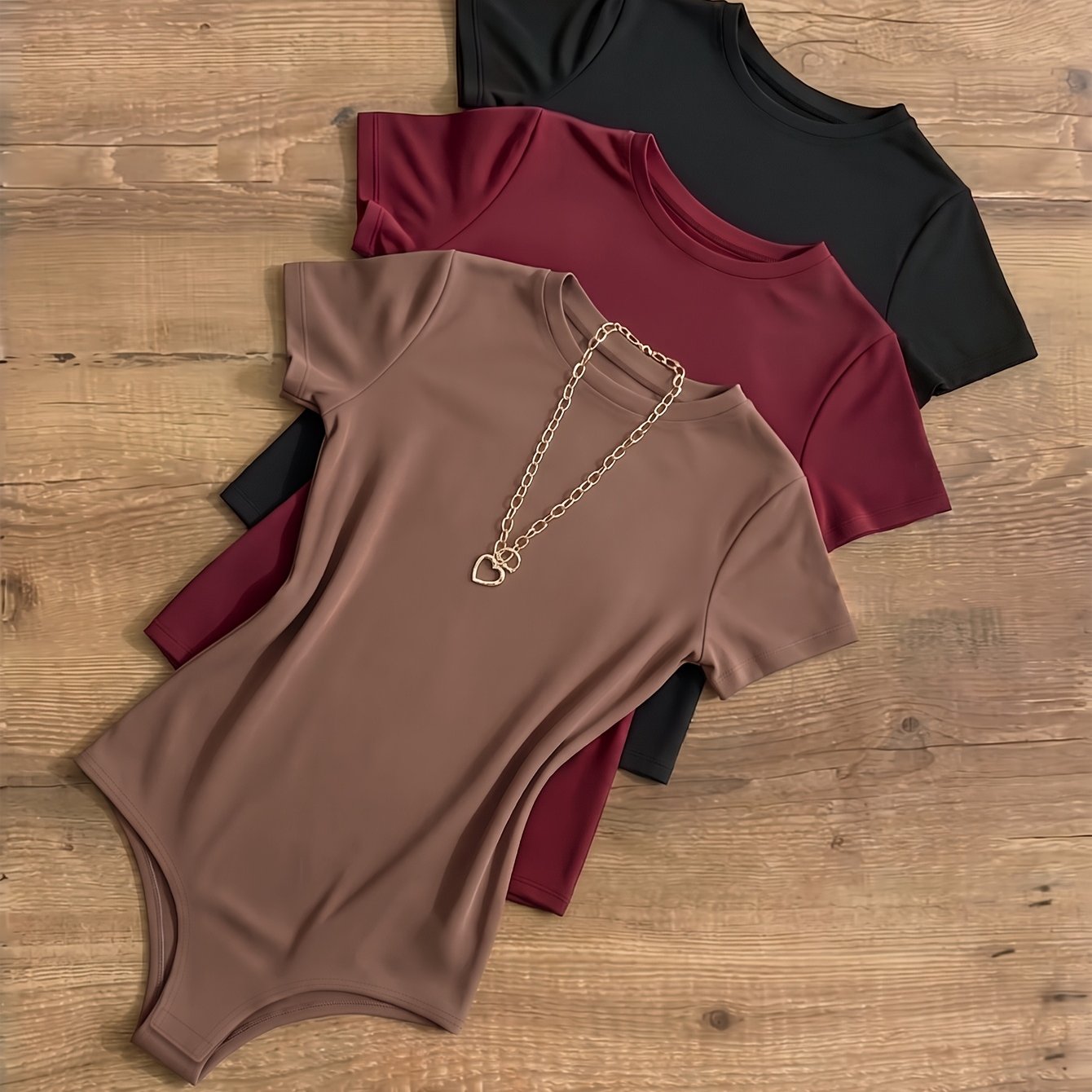 TEMU Women's Autumn Winter 3pcs European Style Fashion Sexy Easy Versatile Solid Color Short Sleeve Round Neck Base Layer Jumpsuit Set