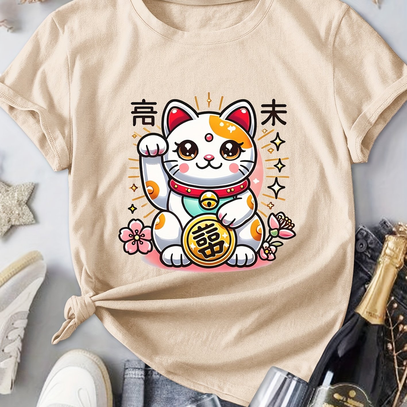 TEMU Beautiful Short-sleeved Top For Women, Featuring A Cat And Coin Print For Year. And Stretchy Round-neck Casual Shirt Is Perfect For Daily Wear