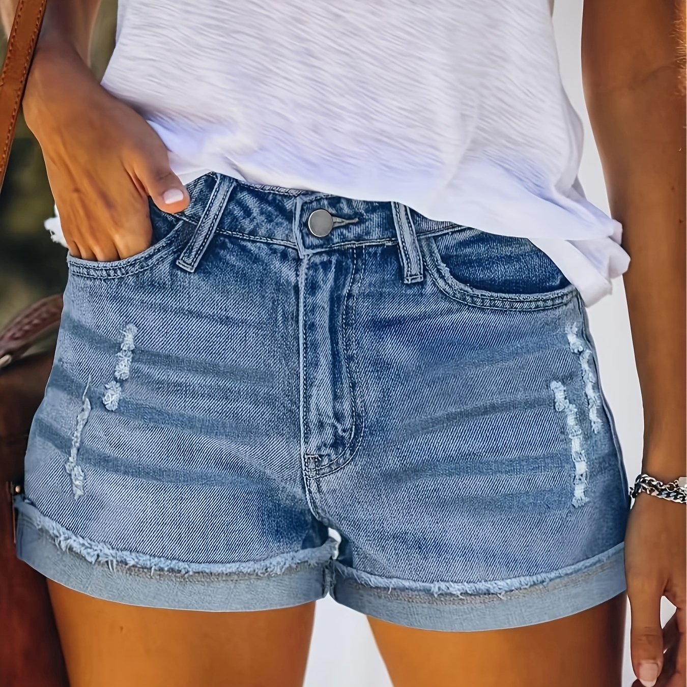 Women's Waisted Ripped Hem Slim Fit Denim Shorts - Flattering Comfortable Hot Pants For Daily Vacation Street Wear