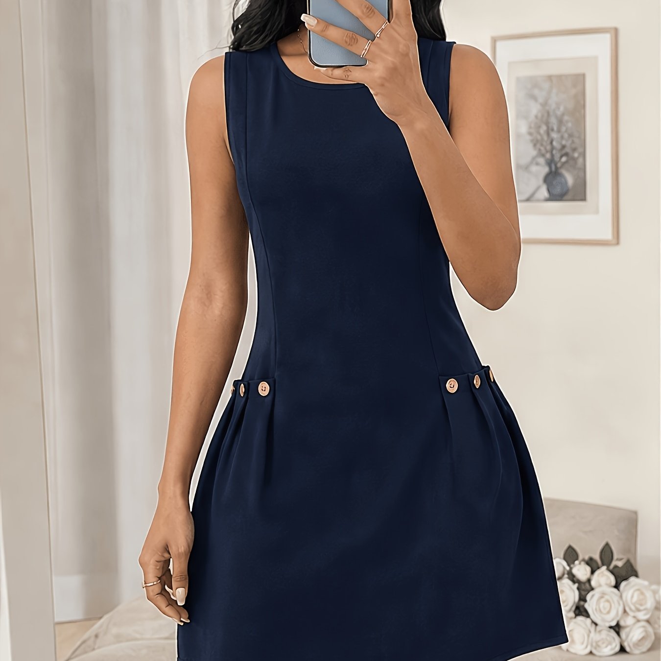 Image of Women's Fashion Solid Color Simple Sleeveless Dress, Suitable For Summer And Daily Wear