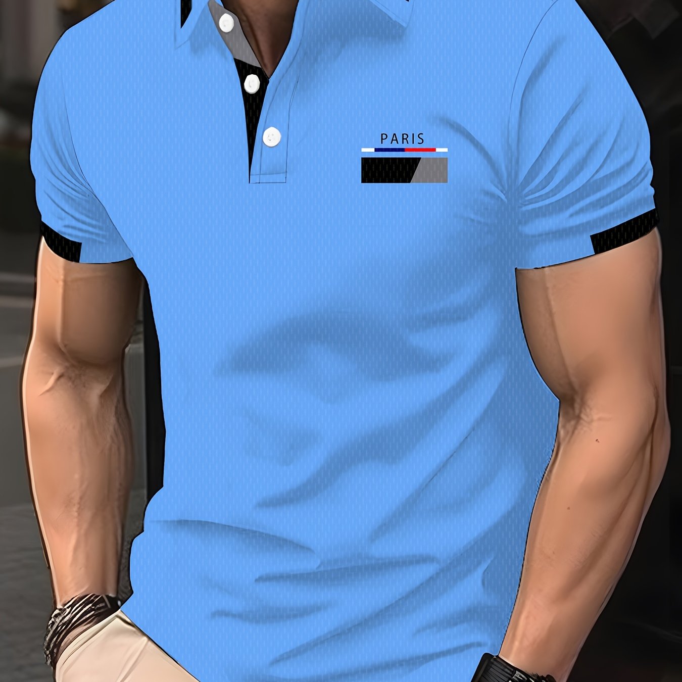 Image of Men's Summer Paris Shirt, Lightweight And Breathable Fabric, Contrast , Fashionable Basic Casual Lapel Short Sleeve T-shirt For Daily Workwear, Semi-transparent Top