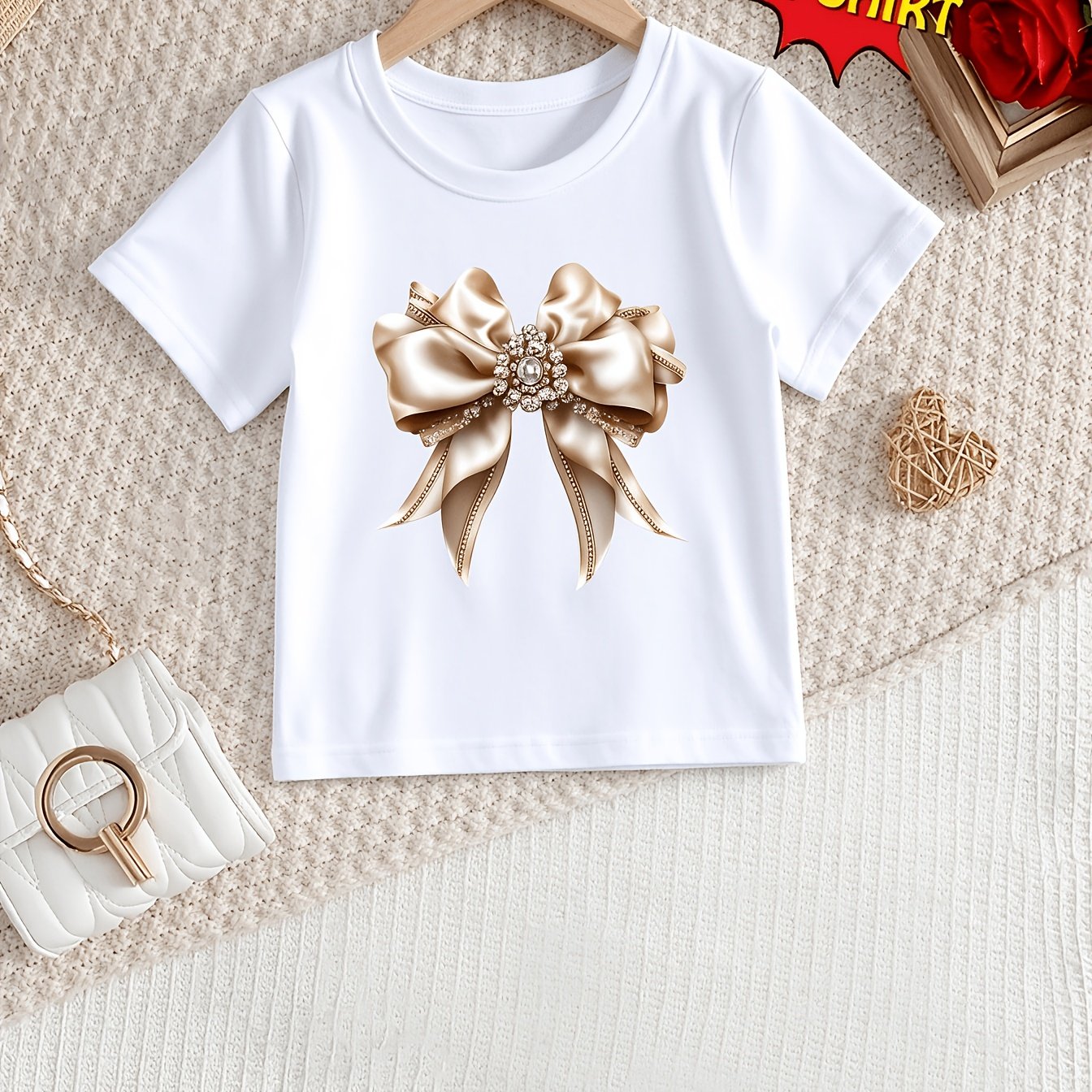 TEMU Girls' Single Short-sleeve T-shirt With Cartoon Bow Print, Soft And Comfortable Fabric, Suitable For Outdoor Leisure And Daily Wear