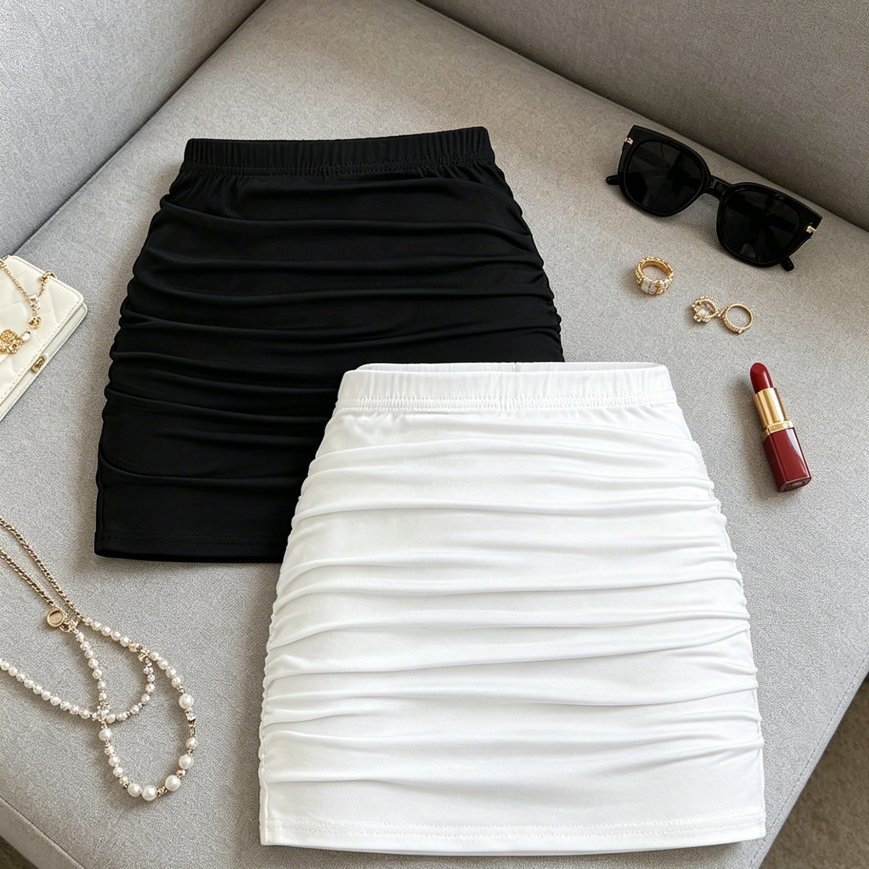 TEMU Summer Women's Elegant Slim-fitting Pleated Mini Skirt, Comfortable Swimsuit Cover-up, Solid Color Skirt, Perfect For And Casual