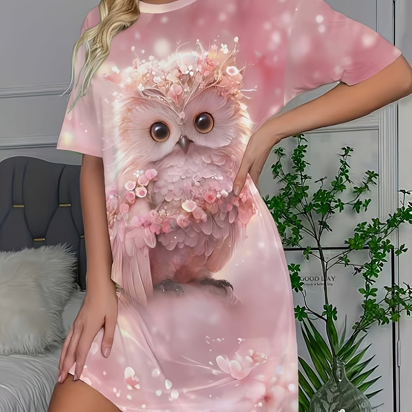TEMU Ladies' Spring And Summer Nightgown T-shirt Dress **sakura Owl!** Sweet And Age-reducing Printed Nightdress Dress, "who Can To Wear A Owl! Is