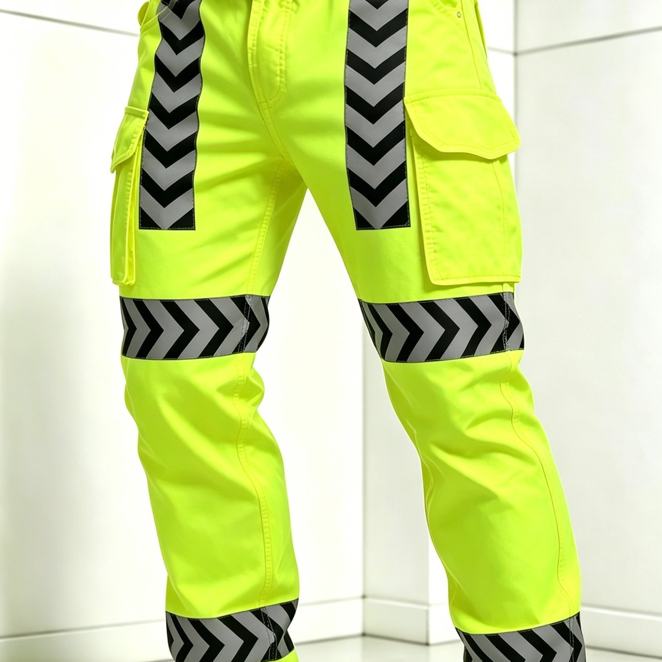 Men's Fluorescent Yellow Digital Printed Tooling Trousers, Outdoor Construction Site Work Multi-pocket Casual Work Pants