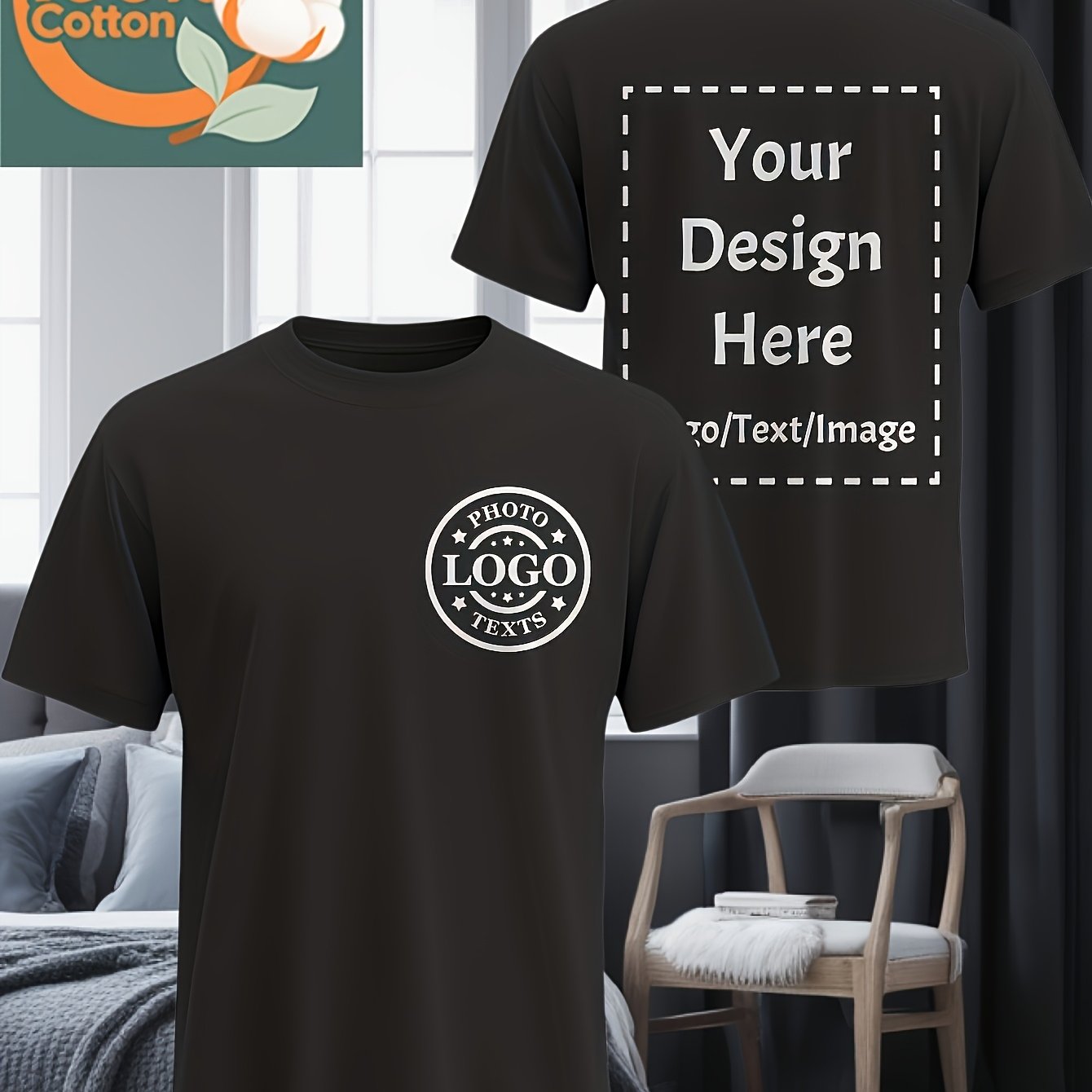 TEMU Personalized Customization, Men's Short-sleeve T-shirt, 100%, Flat Printed T-shirt, White Micro-transparent, Customizable Group Text, Soft