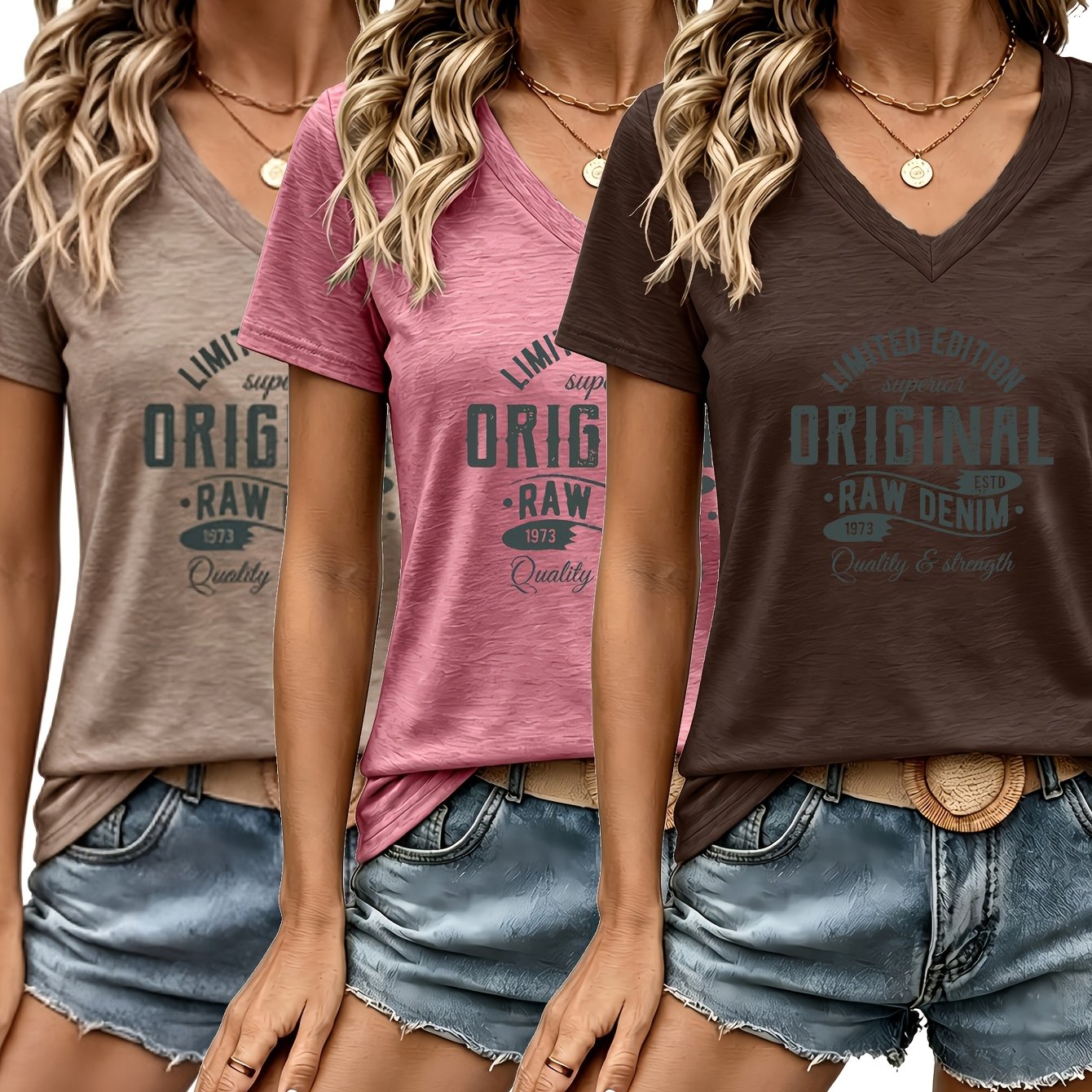 TEMU 3pcs Set Women's Fashion Spring/summer New Arrivals, Vintage Style, Letter Placement Print V-neck Short Sleeve, Loose Casual Top Base T-shirt,