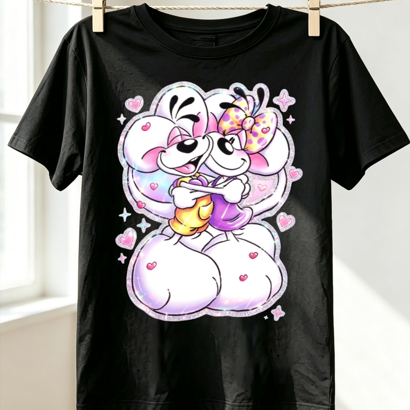Image of Women's T-shirt Plus Size Black Short Sleeve T Shirt Cute Cartoon Mouse Couple Hug Heart Daily Wear Summer Top