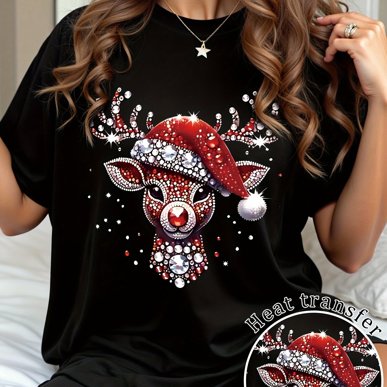 TEMU Christmas-themed Short-sleeve T-shirt Featuring A Sparkling Reindeer Design, Perfect For Casual Wear During Autumn And Winter, As Well As Spring
