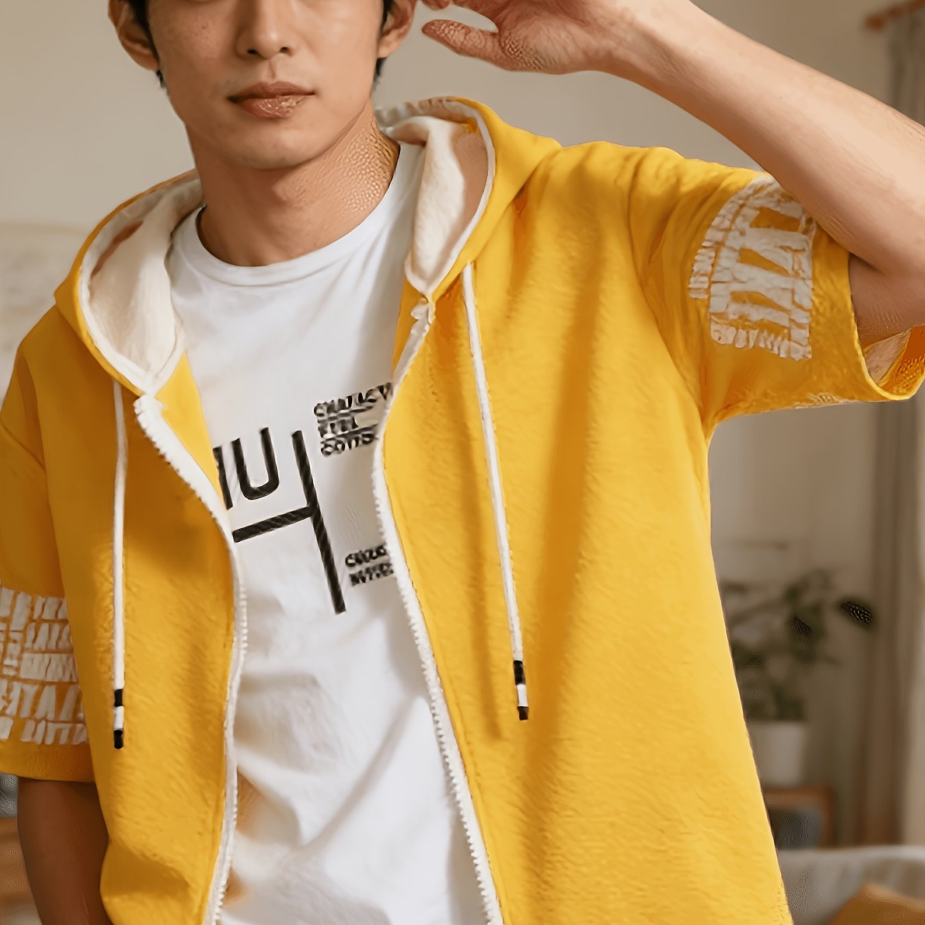 TEMU 夏 メンズ フード付き 半袖シャツ ルーズ 韓国風 若者向け 香港風 半袖ジャケット トップス