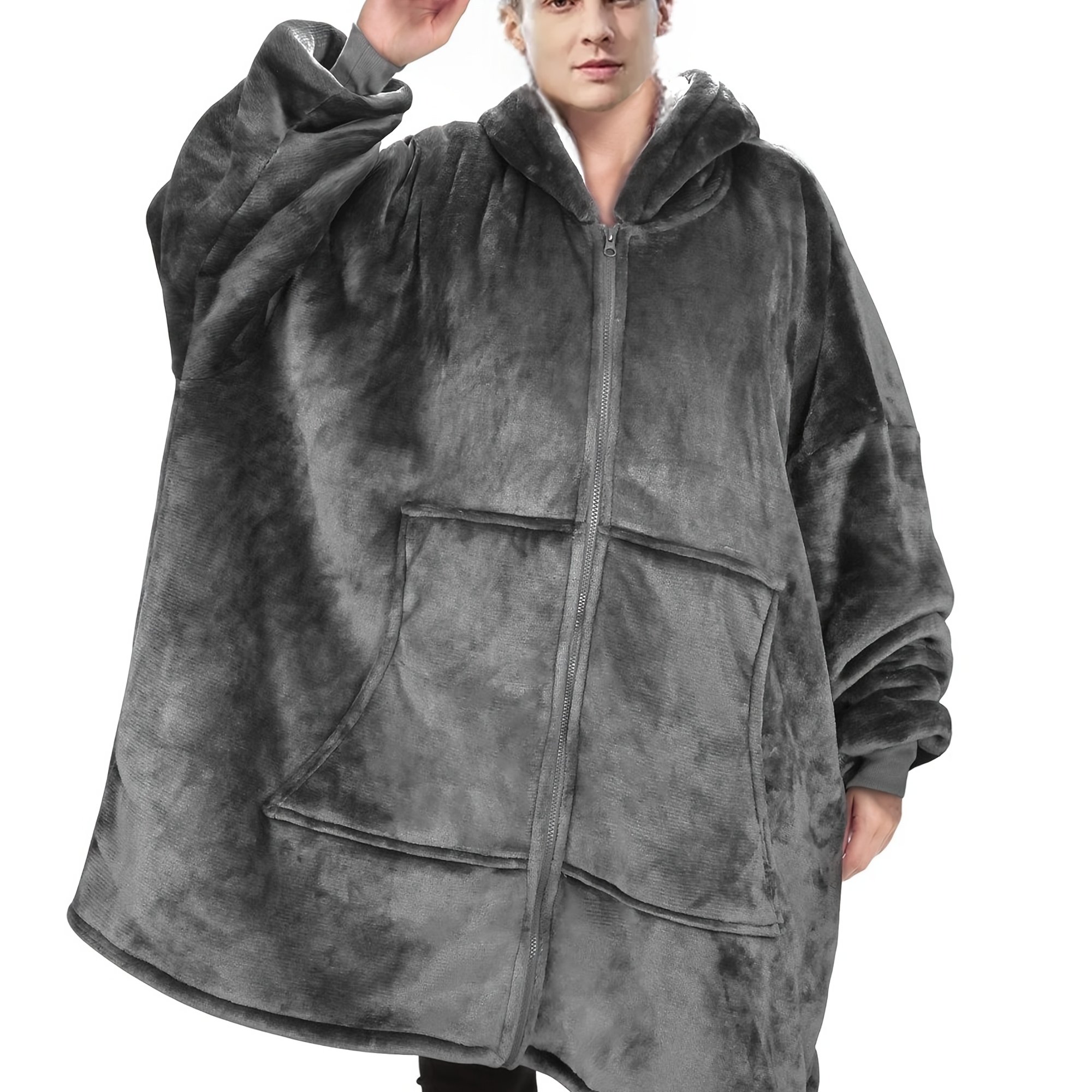 Dark Gray Fall Winter Zip-up Jacket Casual Long Sleeve Warm Coat Lazy Outfit Blanket Robe