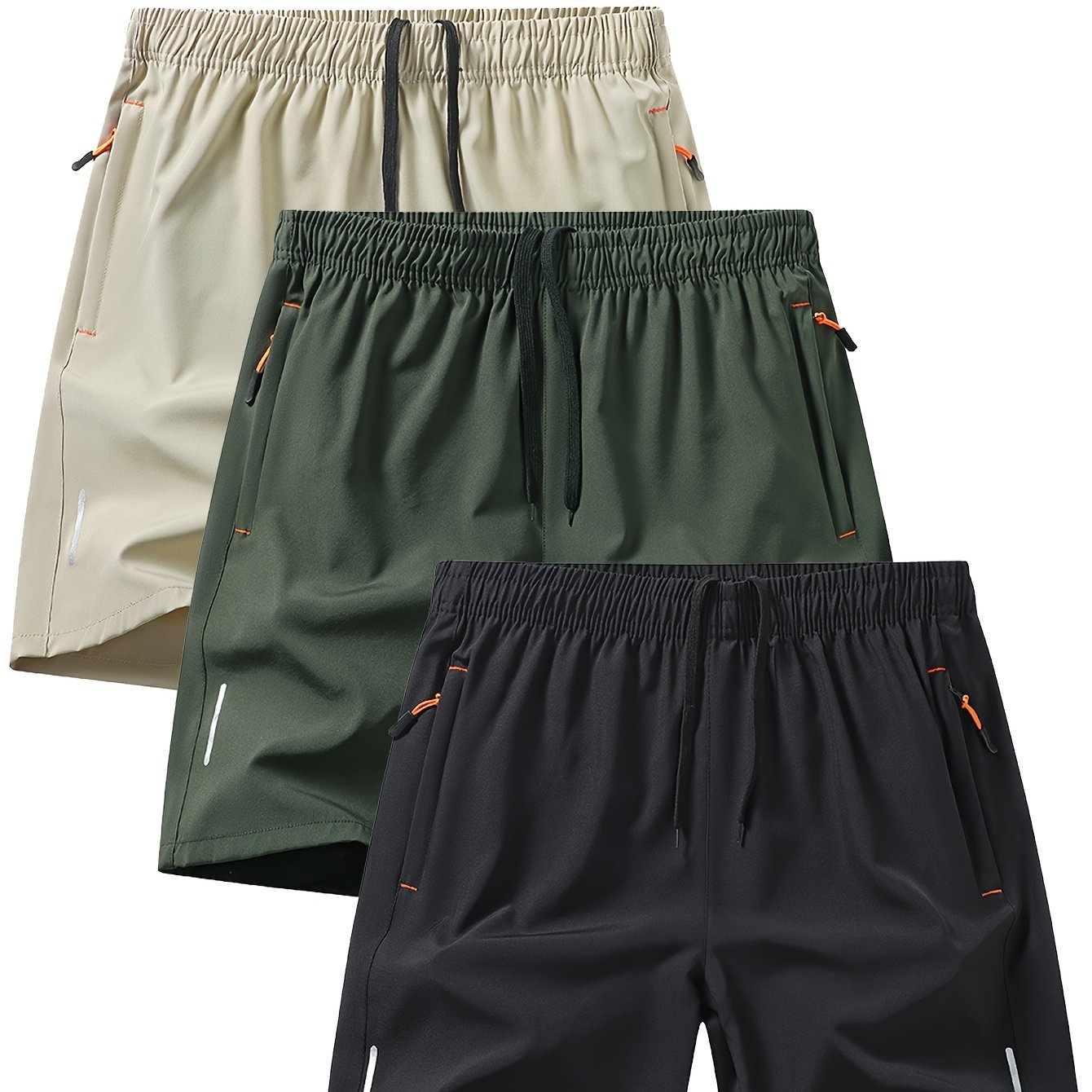 TEMU Men's 3pcs Quick-dry Solid Color Shorts With Zipper Pockets, Elastic Drawstring Waist For Gym Workouts And Sports Training, Casual, Drawstring