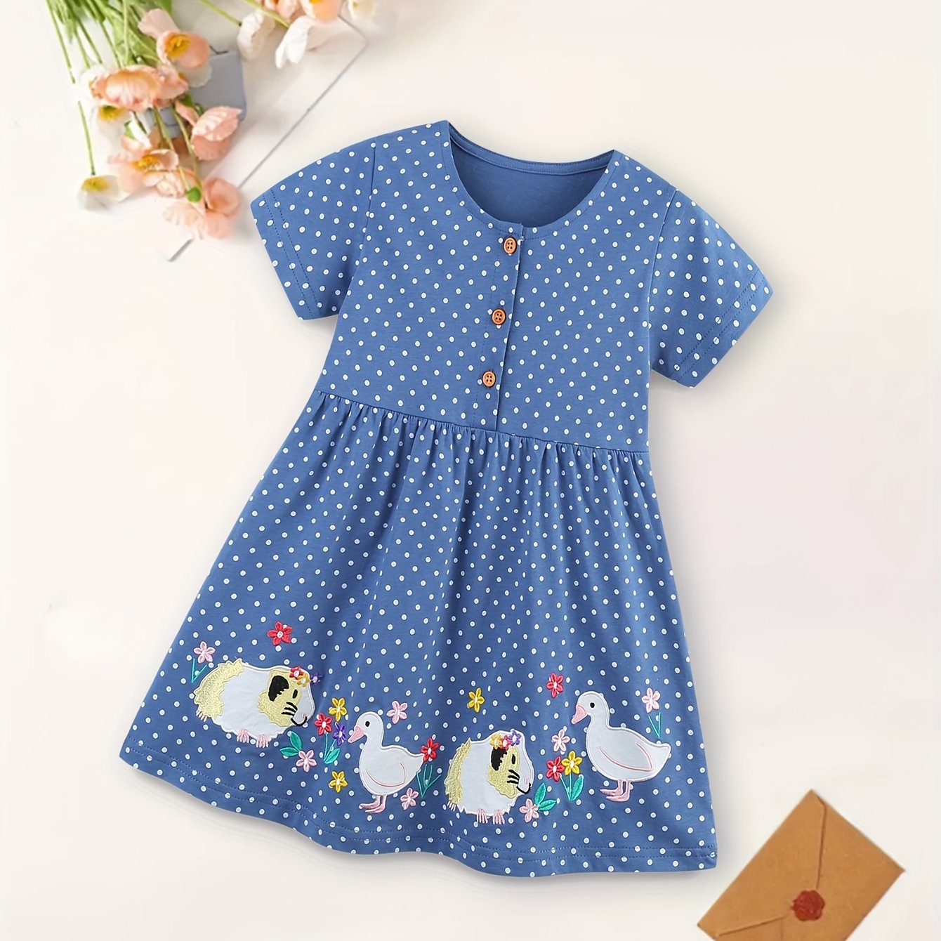 Fashion Polka Princess Dress, Summer Casual Cute Animal Embroidery Pattern Dress For Outdoor Activities