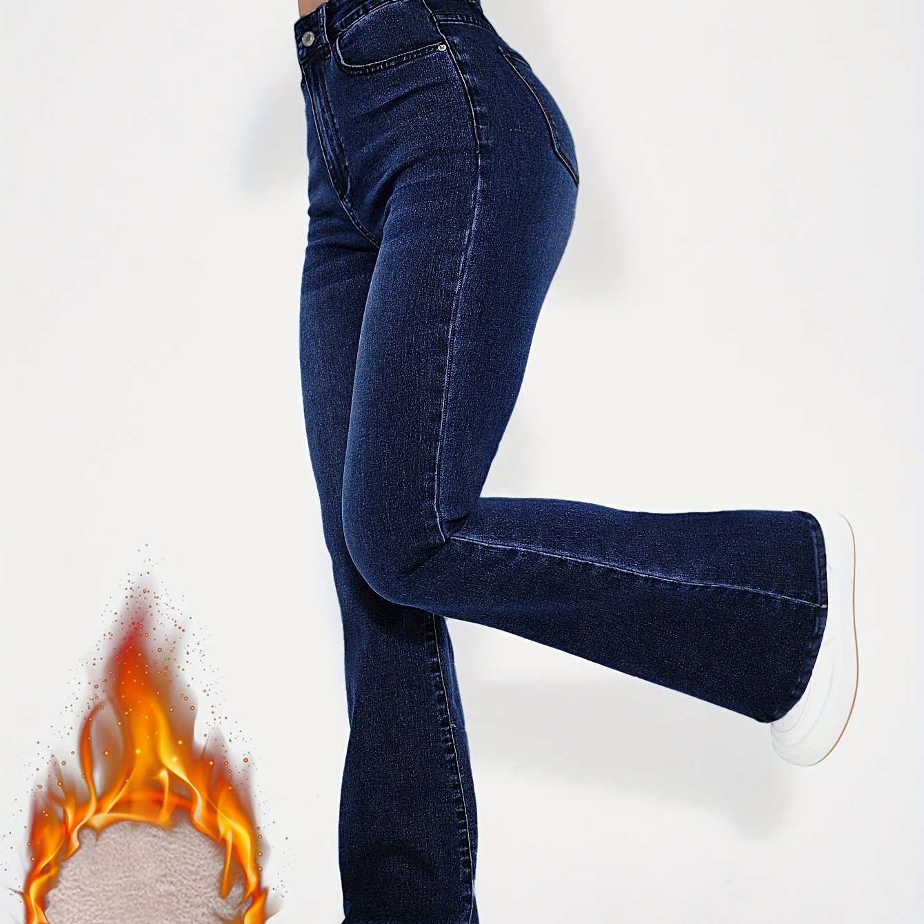 Image of Plush Lined Washed Blue Zipper Button Closure Flare Leg Denim Pants For Winter, Women's Denim Jeans & Clothing